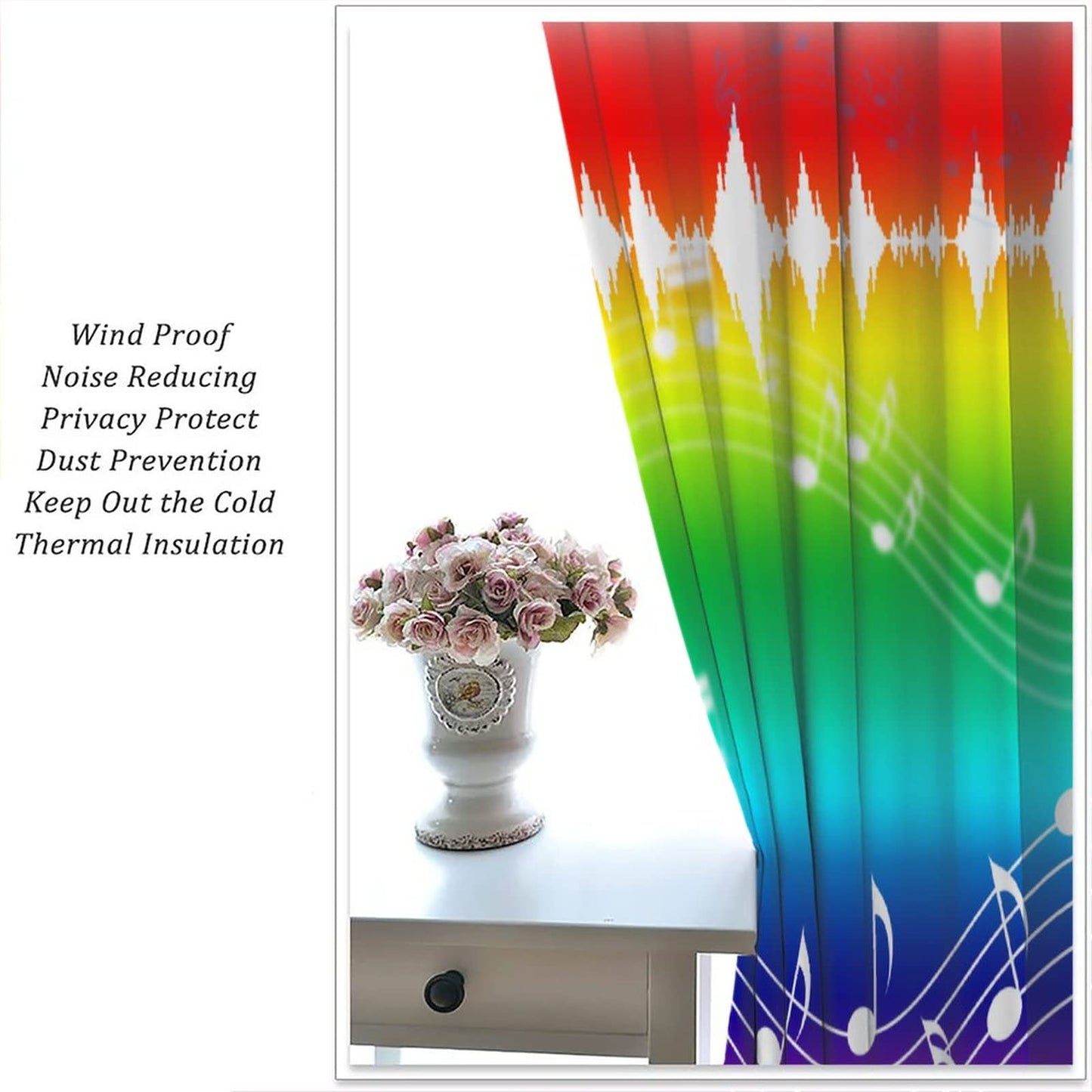 Music Curtains,Sound Art Music Note Colorful Pattern Polyester Fabric Window Drapes for Bedroom Living Room Music Room Window Drapes 2 Panel Set,Total Size 42" x 45"