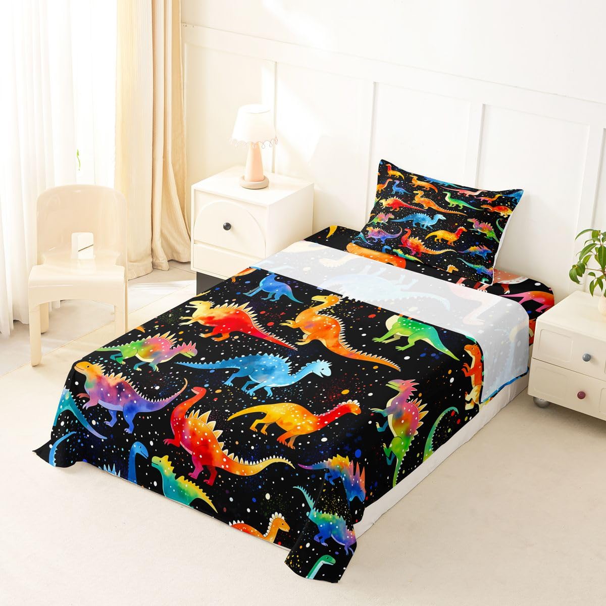 Feelyou Dinosaur Bed Sheets Set Twin Size 3D Digital Print Bed Set Jungle Dino Deep Pocket Fitted Sheet Wild Animal Breathable Soft Lightweight Microfiber Orange Blue Red