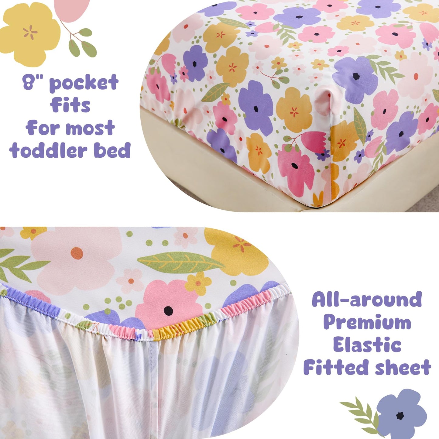 LONAVA Toddler Kids Comforter Set - 4 Pieces Toddler Bedding Sets for Boys Girls Children, Ultra Soft Microfiber Bed in A Bag with Flat Fitted Sheets, Flower