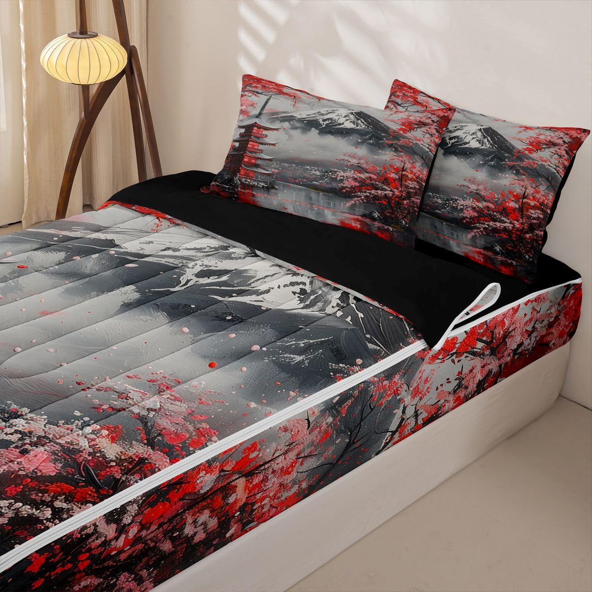 Erosebridal Cherry Blossom Zipper Bedding Vintage Japanese Art Twin Bed in a Bag Set for Boys Girls Teen Mount Fuji Pavilions Kids Comforter Set with Fitted Sheet Red Flowers Zip Up Bedding