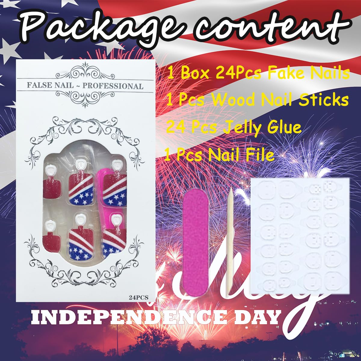 Independence Day Press on Toenails Short Square Fake Toe Nails Glitter Red Acrylic Toe Nails Full Cover American Flag Designs 4th of July Press Ons Artificial False Toenails for Women and Girls 24Pcs