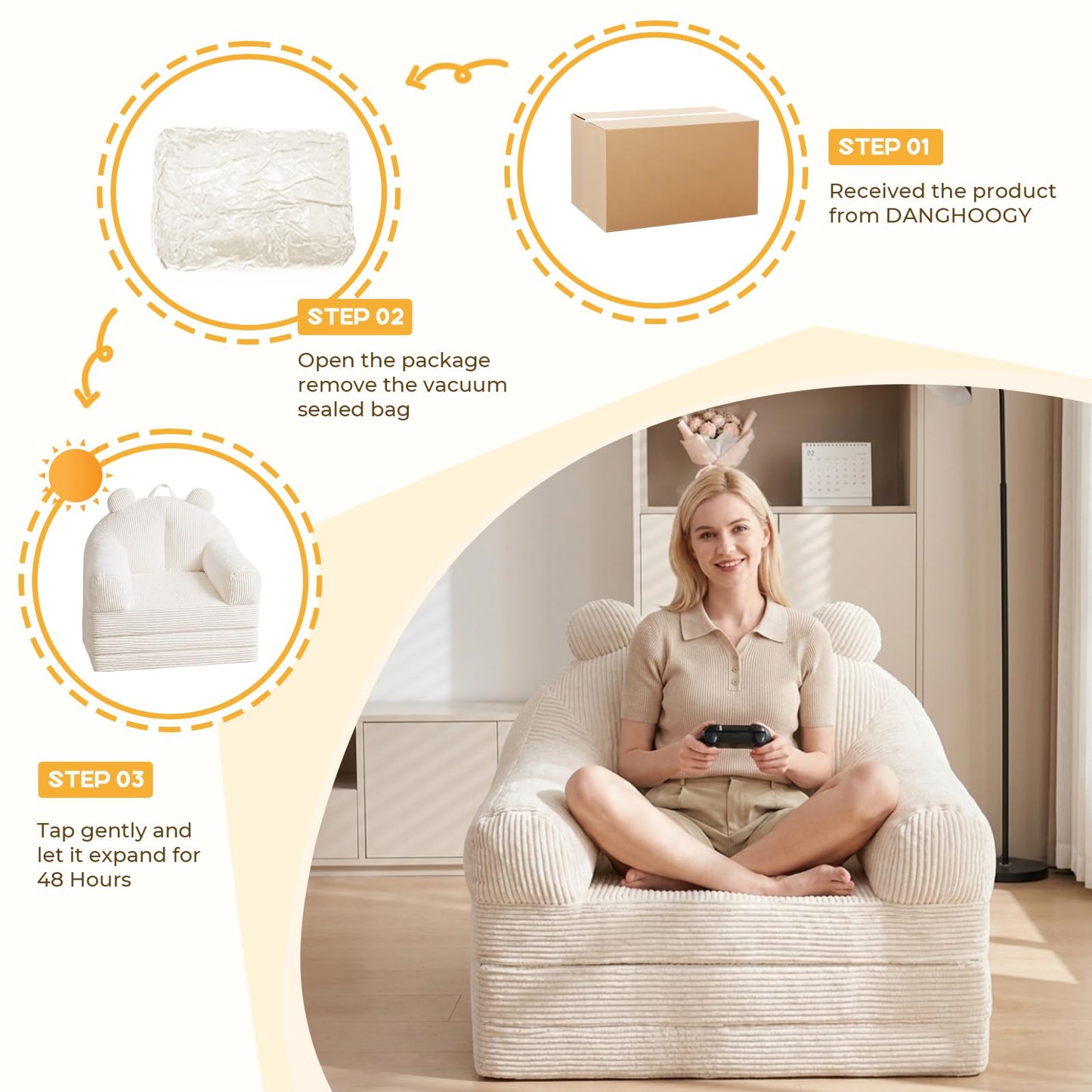 DANGHOOGY Folding Sofa Bed, 2 in 1 Convertible Sofa to Lounger Comfy Single Floor Sofa Couch for Adults, Single Couch with Handle, Faux Fur Couch Bed for Living Room Bedroom, Cream