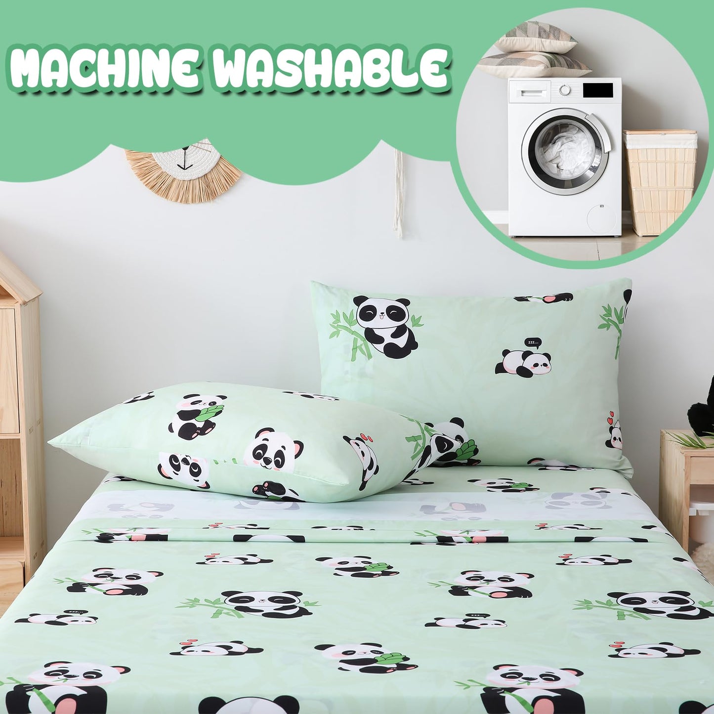 Yibeizi Twin Sheets Set Kids, Sage Green Panda Pattern Microfiber Single Bed Sheets, Cute Soft Oeko-Tex Extra Deep Pocket Sheets & Pillowcases Cooling Hypoallergenic Wrinkle Free Bedsheets
