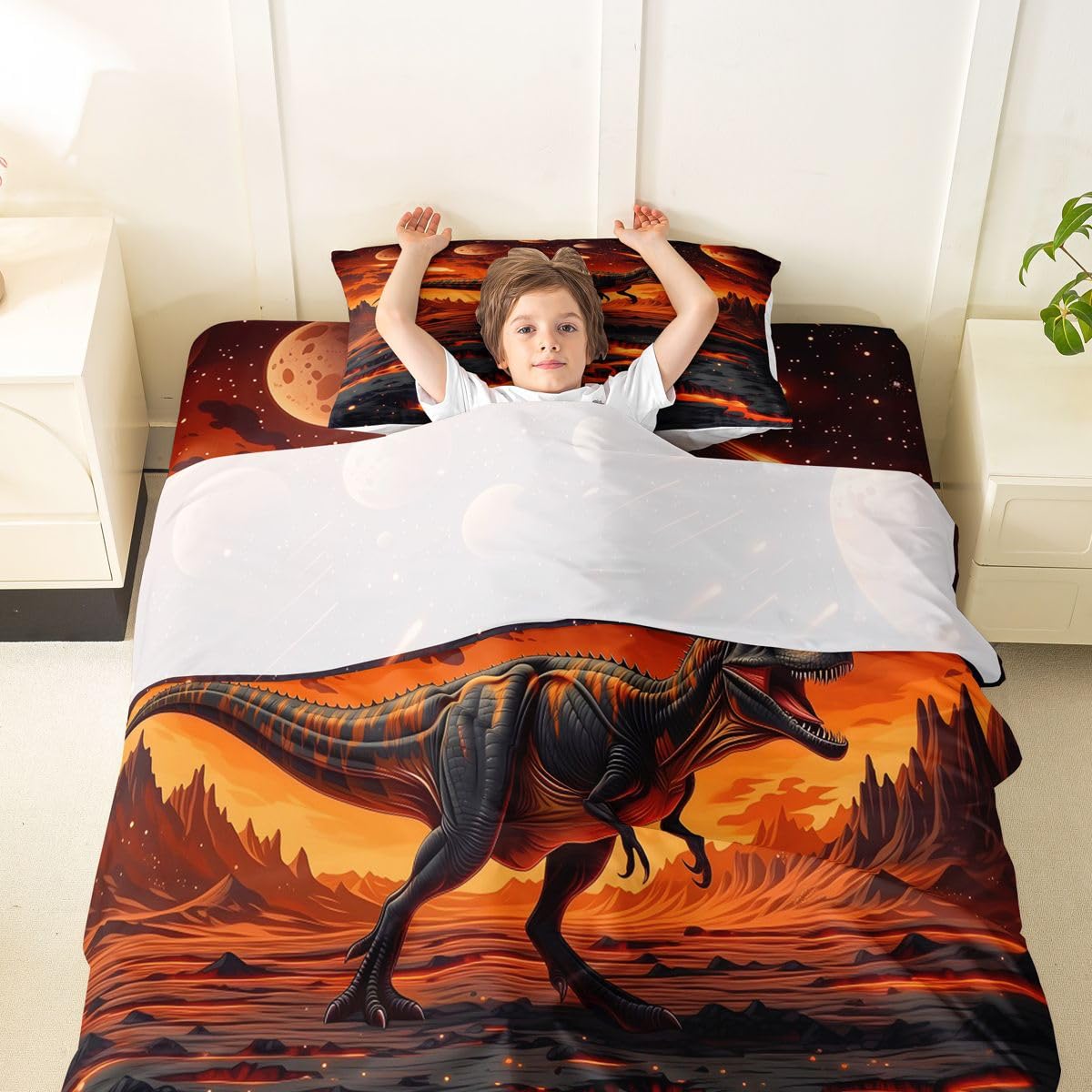 Feelyou Dinosaur Bed Sheets Sets Twin Size Kids Boys Girls 3D Digital Print Bedding Set Jungle Dino Bed Sheet Set with 16-Inch Deep Pockets Wild Animal 3Pcs with 1 Pillow Cases Red Black