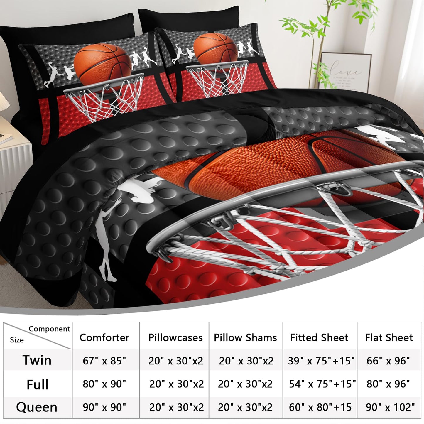 AILONEN Kids 3D Basketball Sport Comforter Set for Boys,7-Piece Basketball Framework Bed in a Bag Twin Size,Gaming Comforter & Fitted Sheet with Flat Sheet,2 Pillowcases,2 Pillow Shams,Soft