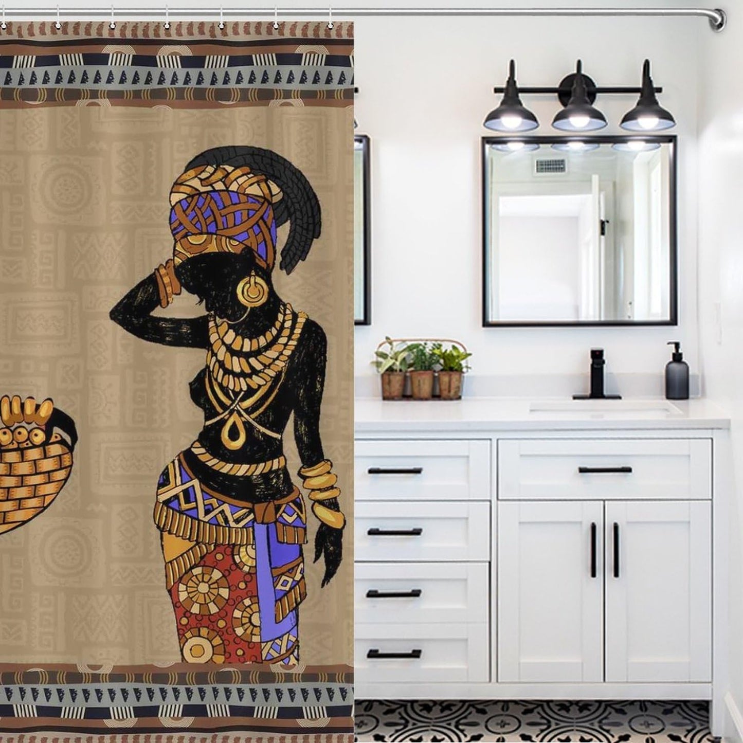 African Shower Curtain, Tribal Black Woman Bathroom Curtain Set, 72"x72"