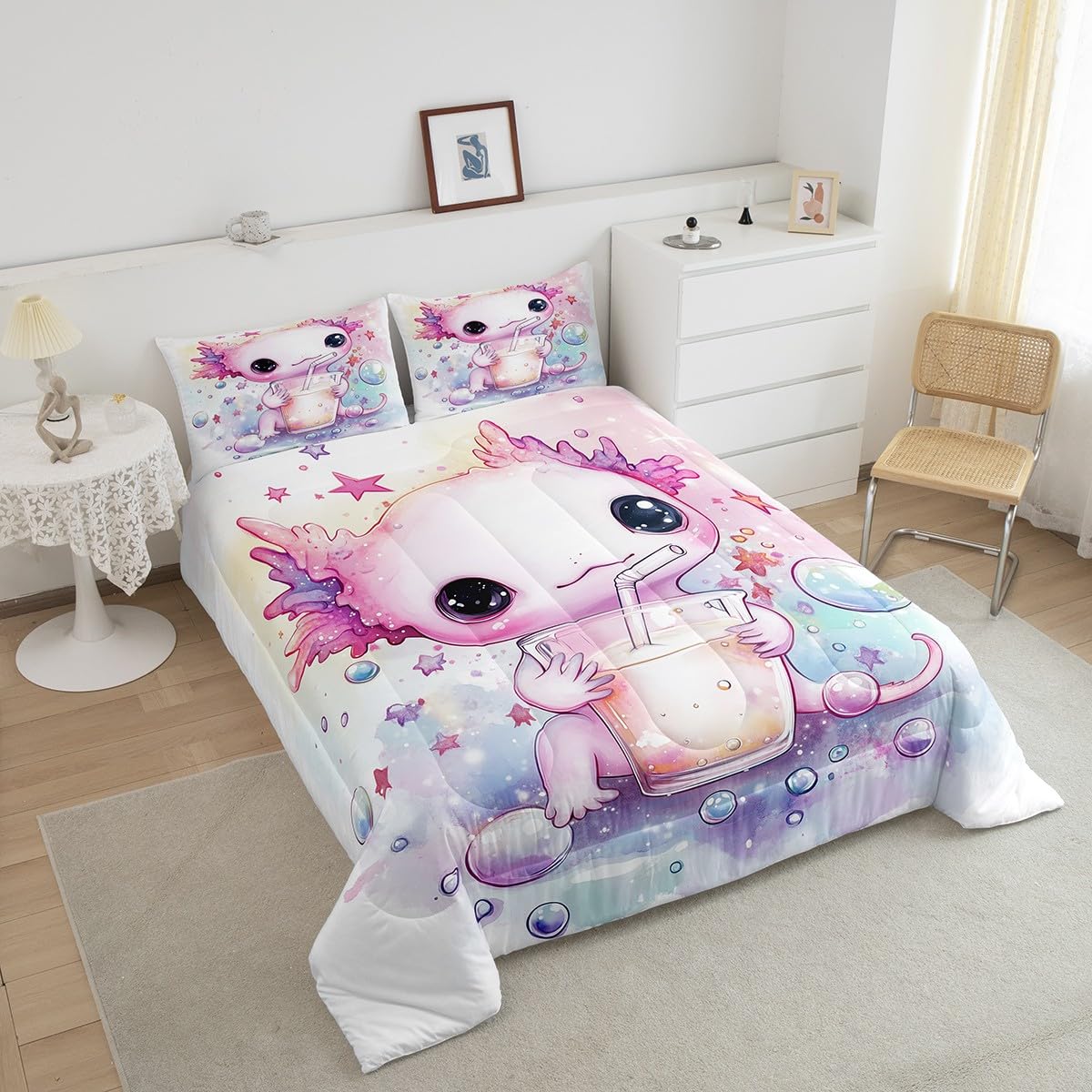 Feelyou Pink Cute Axolotl Comforter Set Twin Size Kids Cartoon Salamander Drink Bedding Set Boys Teens Kawaii Ocean Sealife Comforter Gift for Girls Women Duvet Set Bubble Quilt Set