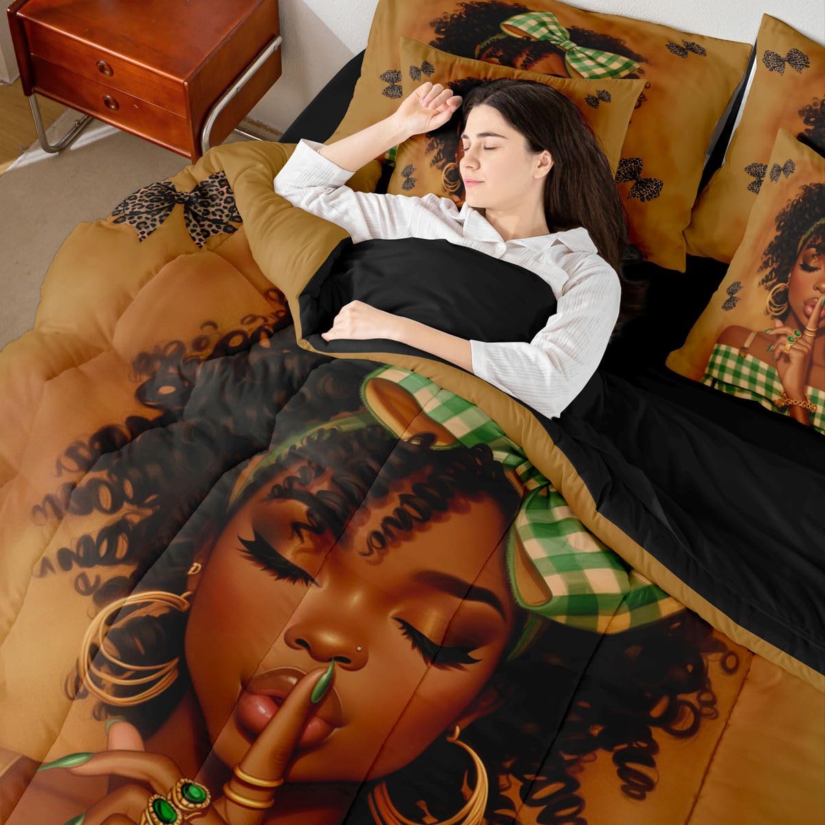 Erosebridal Cute Bow Black Girls Queen Bedding Set Green Geometric Grid Comforter Set with Flat and Fitted Sheet Leopard Print Bowknot 7-Piece Bed in a Bag Coquette Cheetah Bows Quilt Sets