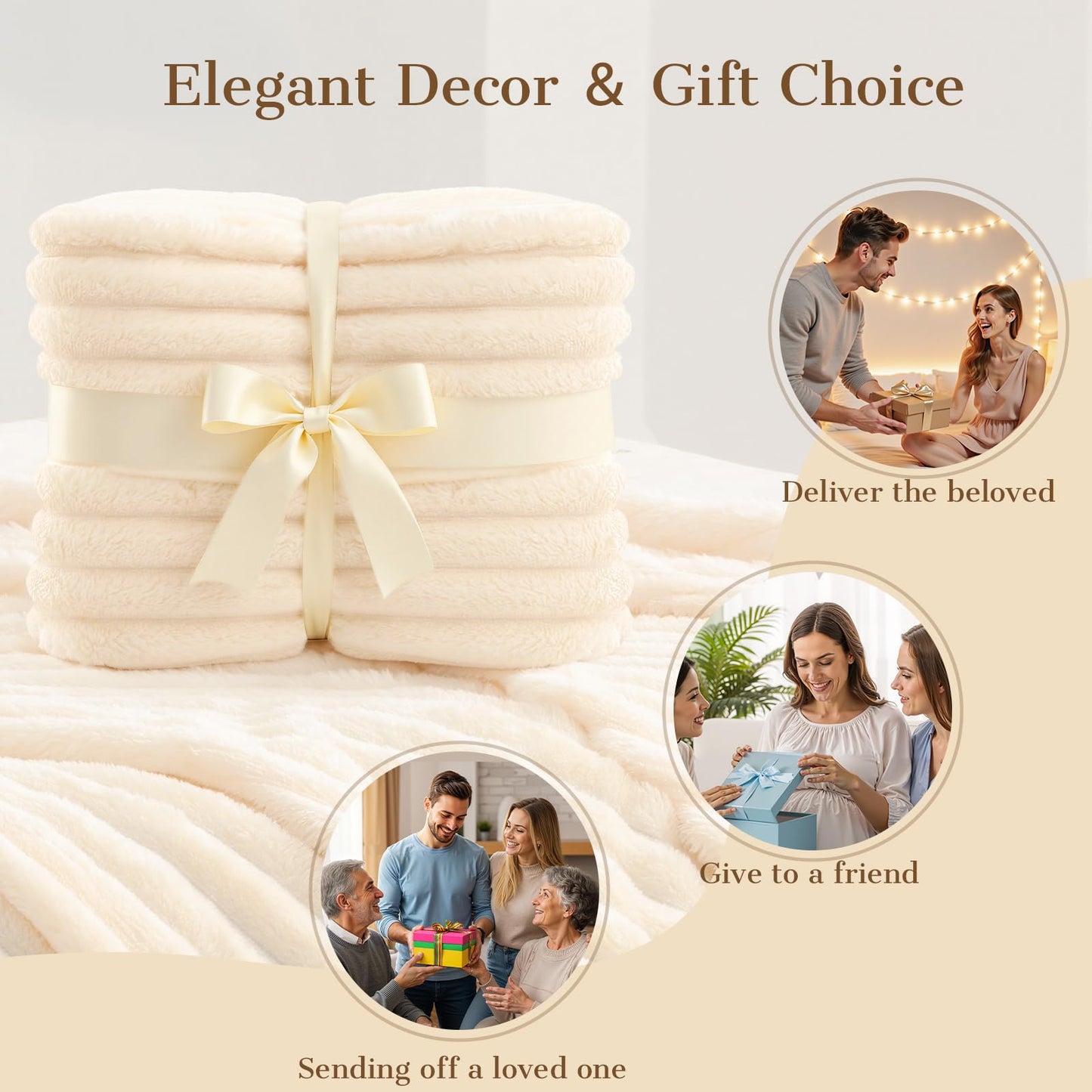 Throw Blanket for Couch, Cozy Blanket for Women, Cute Fleece Throw for Girls, Soft & Warm Fluffy Beige Blanket,Christmas Birthday Gifts for Women Men Teen, Room Home Decor, Giftable Strip Blankets