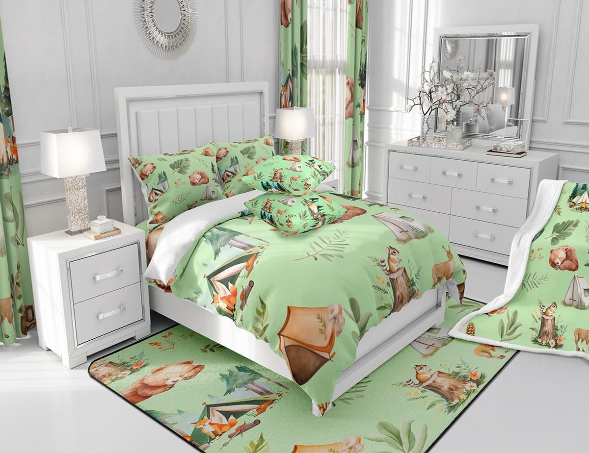 Camper Tent Comforter Set Queen Size Camping and Hunting Adventure Bedding Set,Bear Deer Squirrel Pine Tree Print Quilt Set Girls Boys Adults Room Decor,Wild Animals Plants Duvet Insert,2 Pillowcases