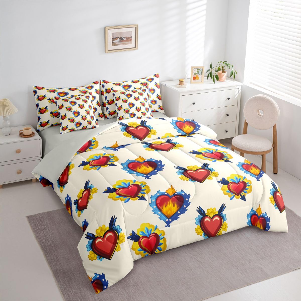Erosebridal Heart Pattern Queen Comforter Set Red and Blue 7 Pieces Bedding Fire Flame Print Bed Set with Sheets Floral Bed in A Bag Bedroom Decor