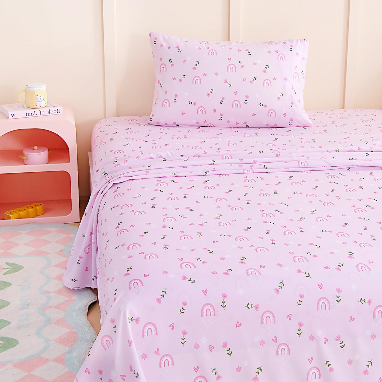 MICORAL Kids Twin Sheet Set Pink Rainbow, 3 Pieces Sheets for Boys & Girls, Soft Printed Microfiber Bed Sheets, Deep Pocket Cozy Toddler Bedding Set, Pink Rainbow