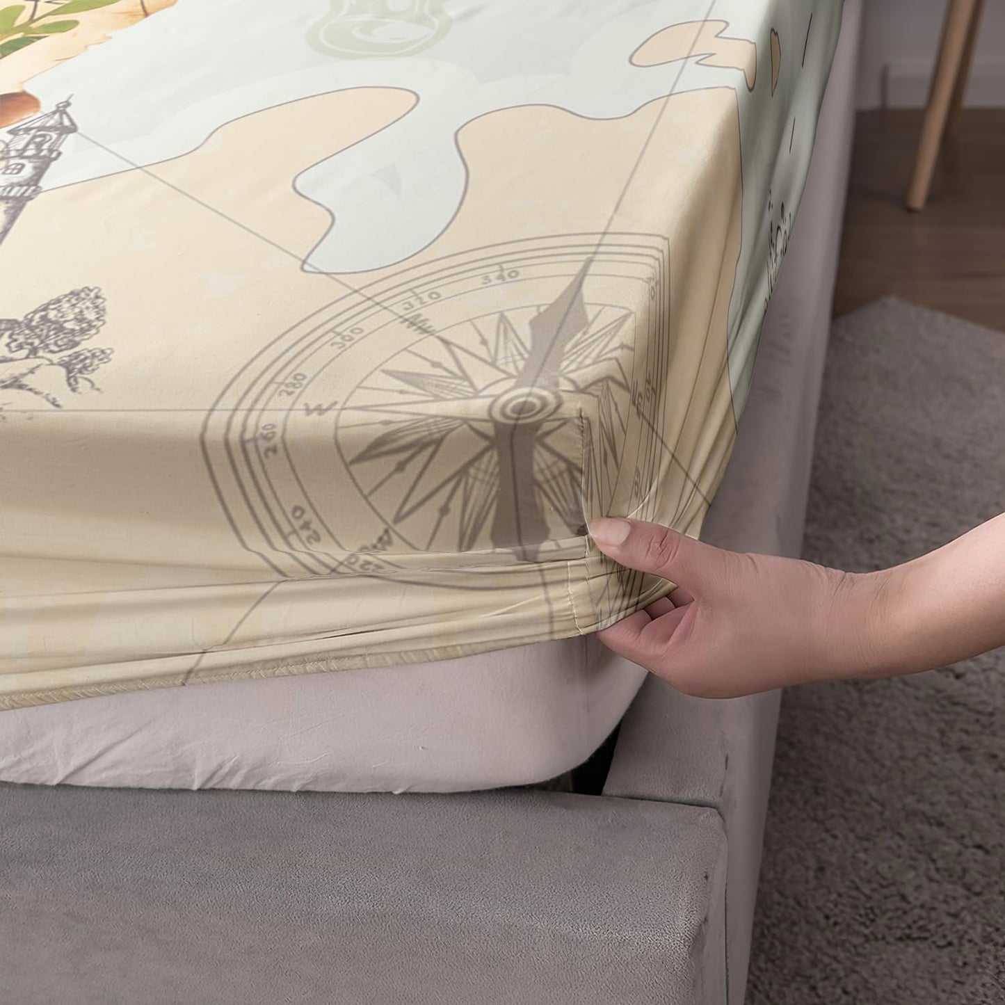 AILONEN Cute Dinosaur Fitted Sheet Set, Twin XL Size, Ocean Map Nautical Pirate Bed Sheet Set, Boys Exploring Captain Dinosaur Fitted Sheet with 2 Pillowcases