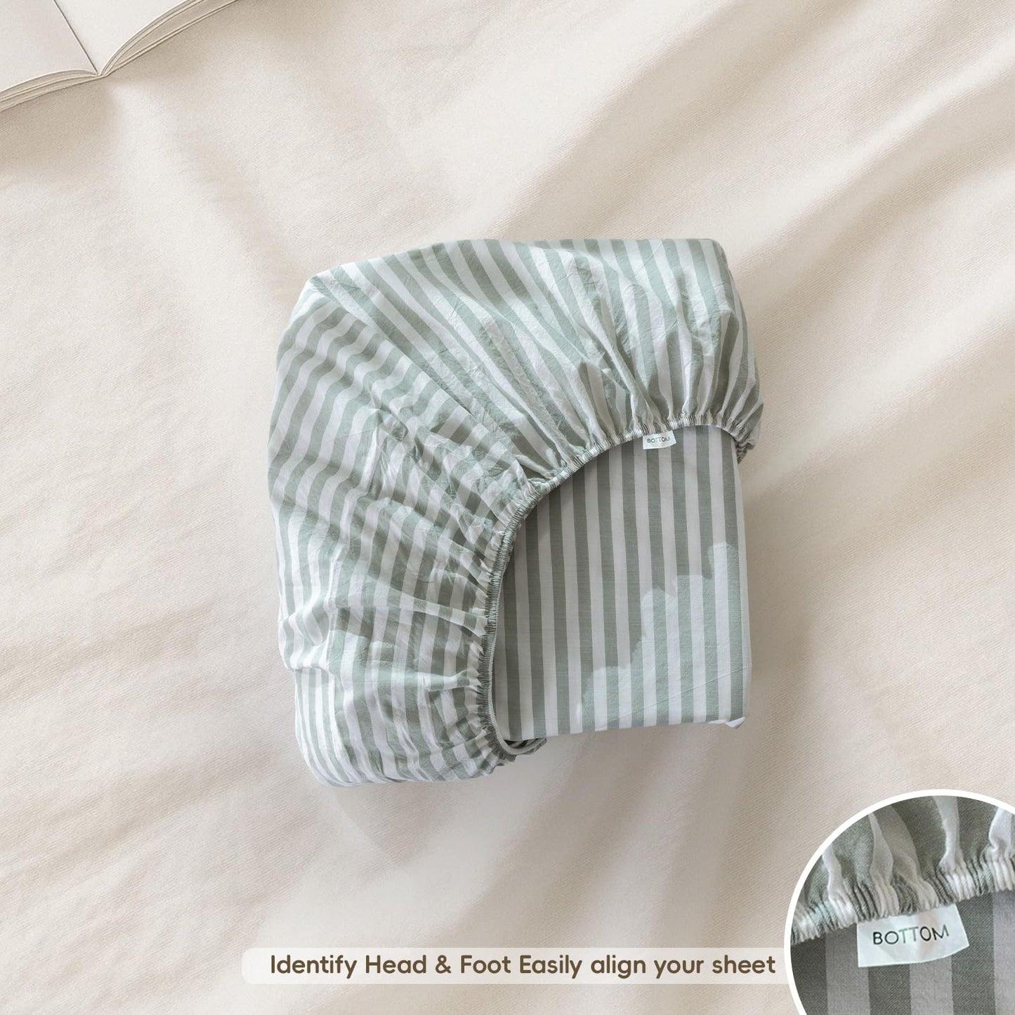 MooMee Striped Fitted Bottom Sheet Only 100% Washed Cotton Linen Like Textured Breathable Durable Soft Comfy Deep Pocket Fits Mattress up to 17" (Sage Green White Classic Stripes, Queen)