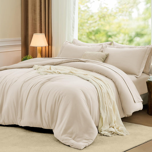 FUANNA King Size Comforter Sets Beige, 7 Pieces Soft Bedding Set, All Season Lightweight Bed in a Bag with Comforter, Flat Sheet, Fitted Sheet, Pillowcases & Shams