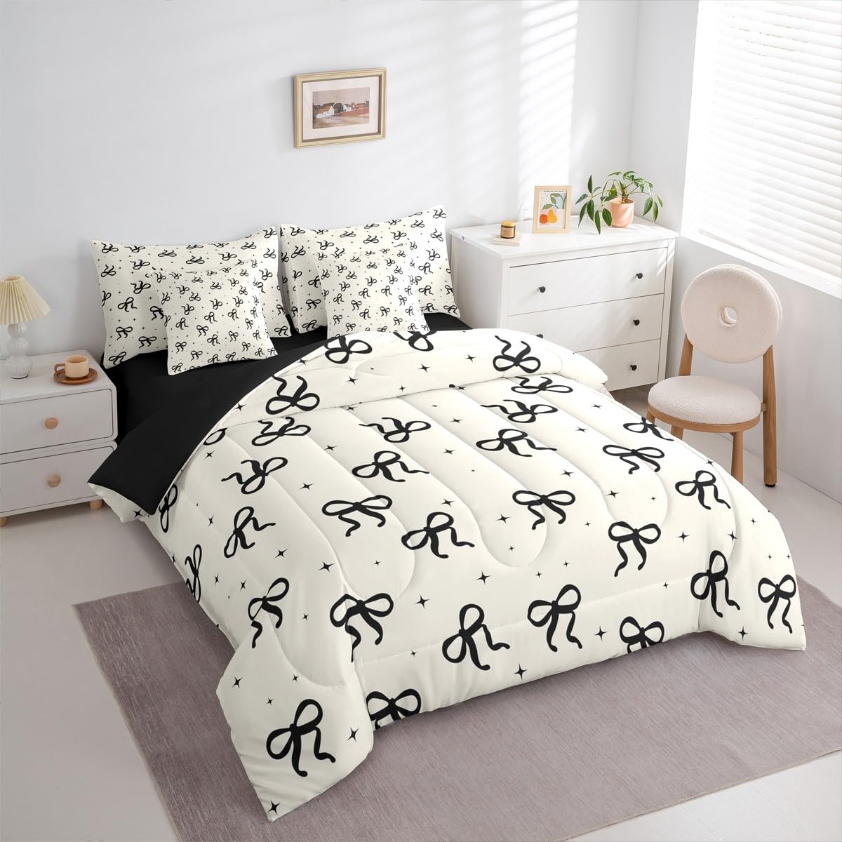 Erosebridal Black and Beige Bow Comforter Set with Sheets Teen Girls Coquette Bow Twin Size Bedding Modern Fashion Bed in A Bag 7-Piece for Women Minimalists Aesthetic Bowknot Bed Collections
