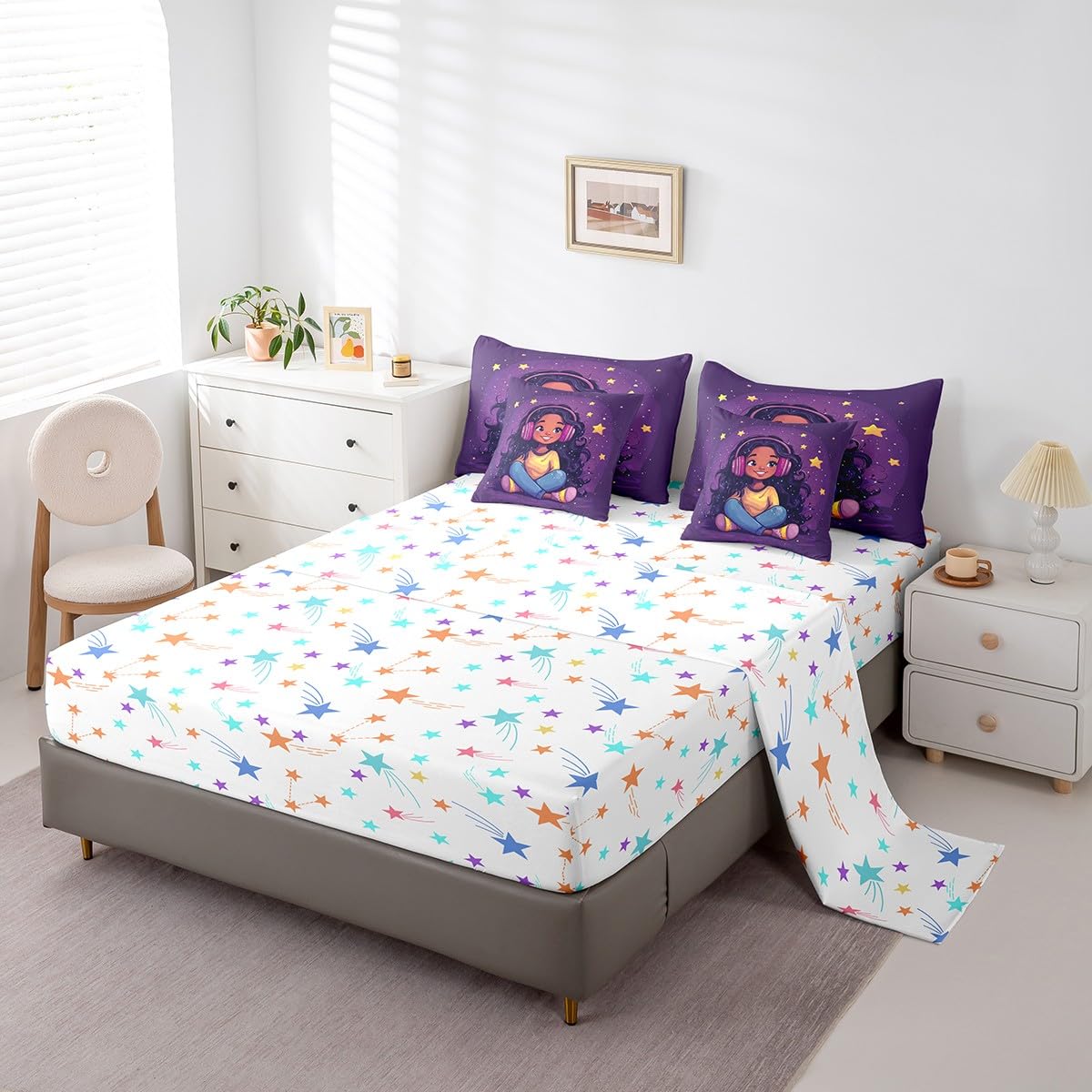 jejeloiu Kids Cute Black Girl Comforter Set 7 Pieces Full Size African American Girl Bedding Set Music Star Print Bed in a Bag with Comforter, Sheets, Pillowcases & Cushion Covers（No Glitter）