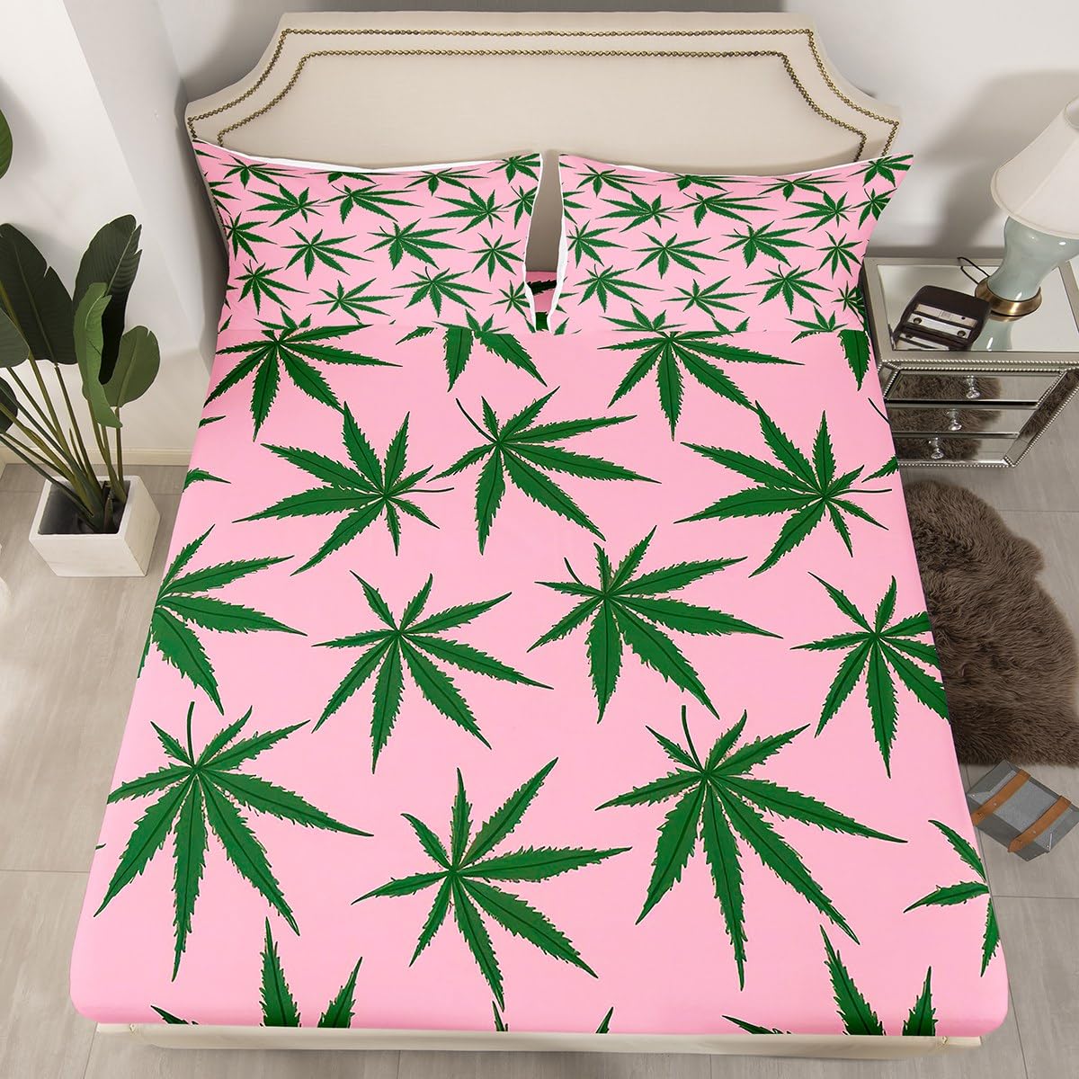 Feelyou Marijuana Leaf Bed Sheets Pink Cannabis Leaves Bed Sheet Set for Girls Women Adults Marijuana Weed Green Leaf Bedding Set Botanical Hemp Fitted Sheet Bedroom Collection 3Pcs Full Size