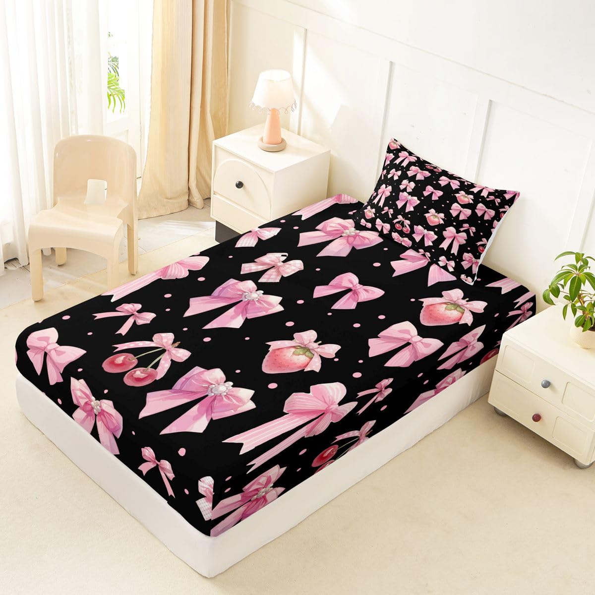 jejeloiu Black Pink Cute Strawberry Bow Fitted Sheet Twin Size for Kids Boys Girls Dreamy Princess Bowknot Bed Sheets Set 16" Deep Pocket Kawaii Coquette Bow Bedding with 1 Pillowcase Room Decor