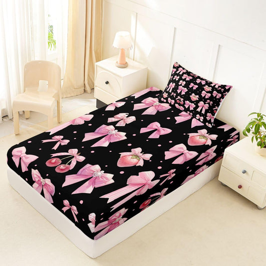 jejeloiu Black Pink Cute Strawberry Bow Fitted Sheet Twin Size for Kids Boys Girls Dreamy Princess Bowknot Bed Sheets Set 16" Deep Pocket Kawaii Coquette Bow Bedding with 1 Pillowcase Room Decor