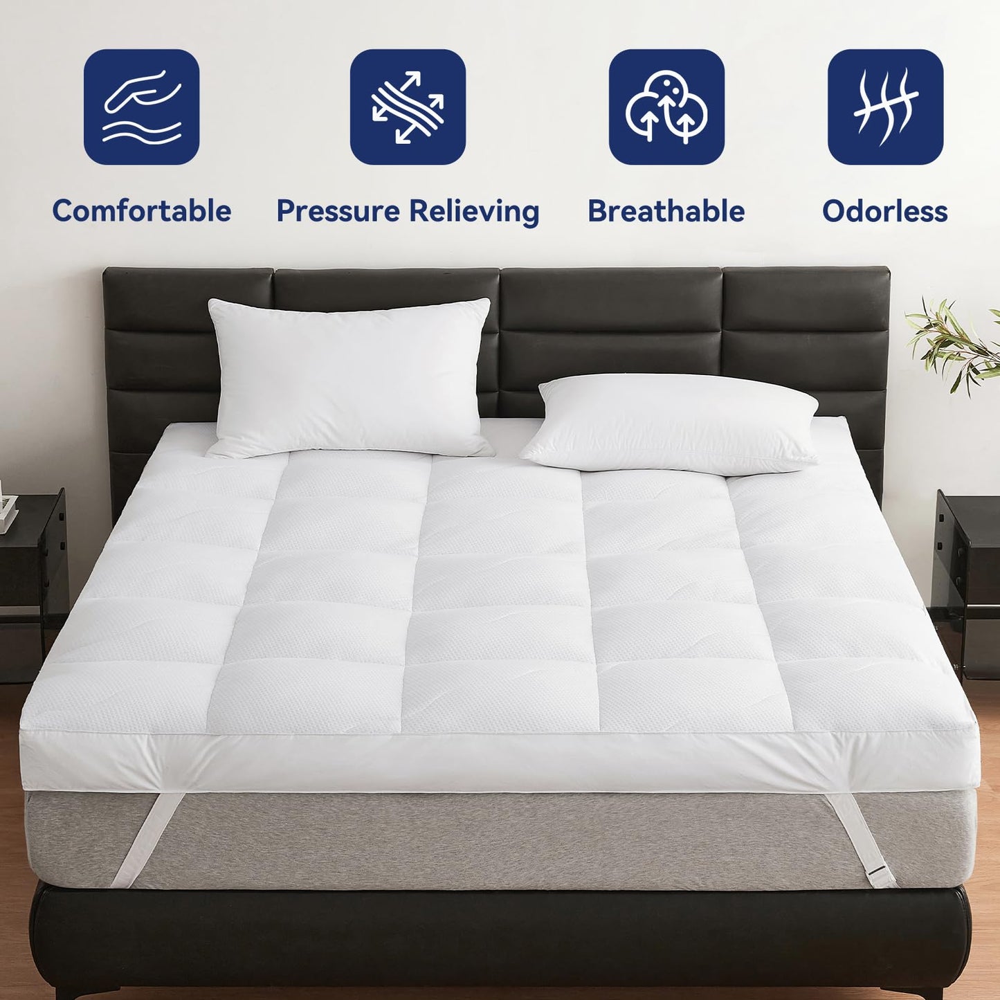 LeWinBedding Dual Layer 5 Inch Goose Feather Mattress Topper Queen Size, 4 Inch Goose Feather Plus 1 Inch Down Alternative Pillow Top, Medium Firm Featherbed with Adjustable Straps(60"x80", Wavy)