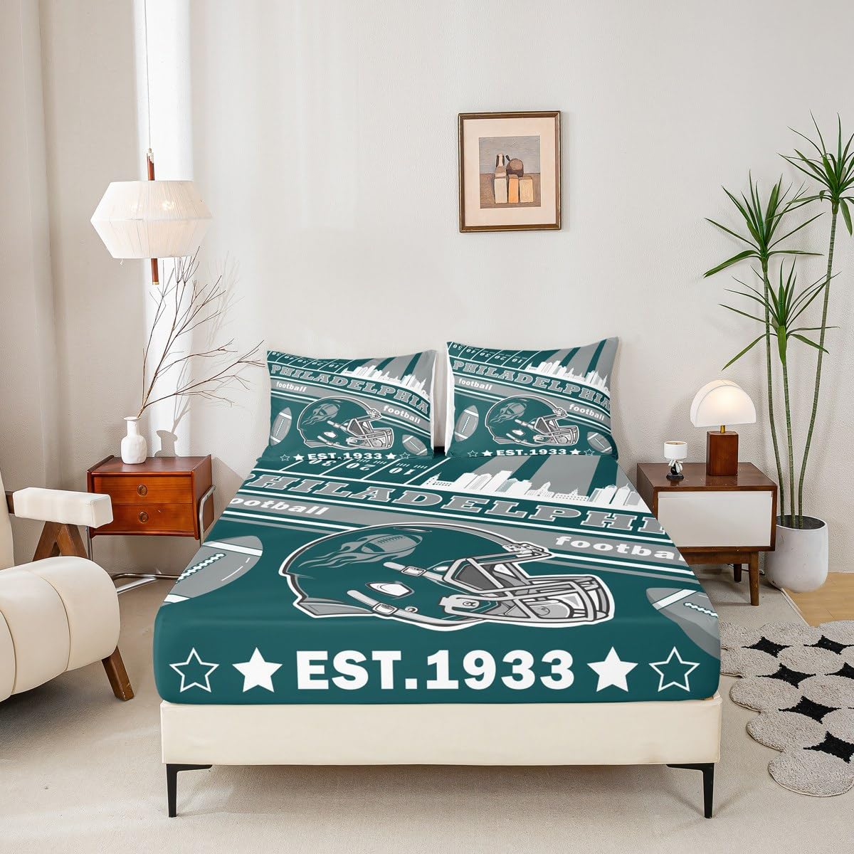 Feelyou Football Bed Sheets Set Full Size Boys Women Men Football City Fitted Sheet with 16 Inch Deep Pockets Rugby Sports Bedding Set