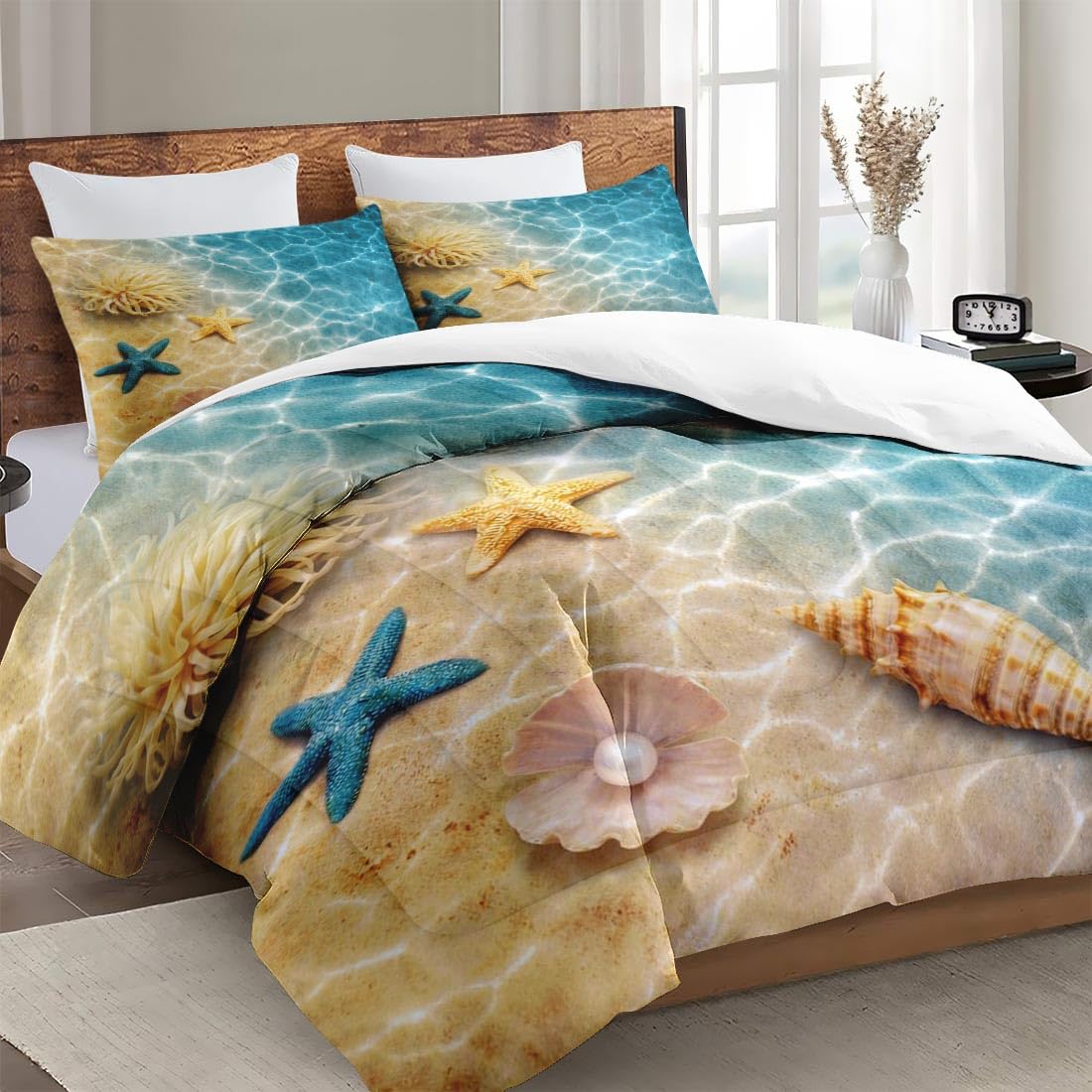 WeCozy Queen Size Comforter Set with 2 Pillowcases, Summer Marine Seashell Starfish Beach Ocean Soft 3 Pcs Bedding for Kids and Adults Bedroom Bed Decor