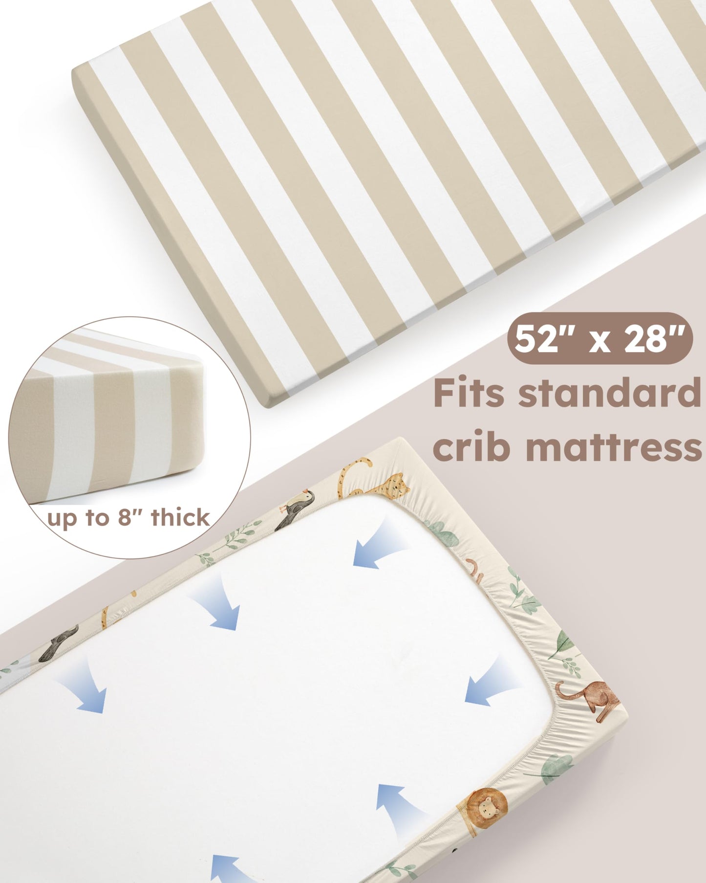 Nyessmee Baby Crib Sheets for Boys and Girls, Fitted Crib Sheets 52" x 28", Soft Breathable Microfiber Sheets for Standard Crib and Toddler Mattress, 2-Pack Striped Animals