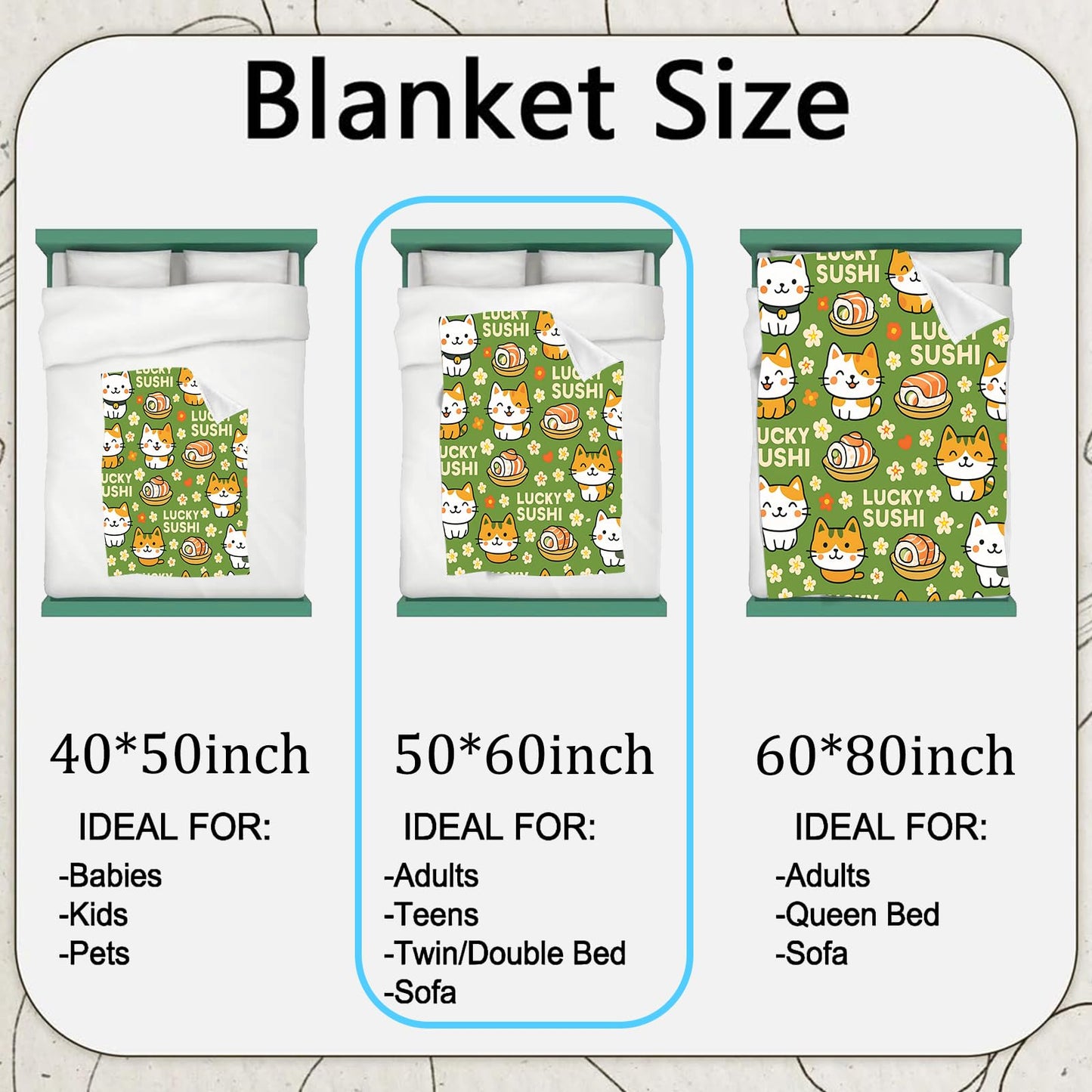 jwyta Sushi and Cat Flannel Blanket,Green Background Throw with Cute Kitten,Japanese Food and Floral,Lightweight Fleece Blankets for Animal Lover,Couch,Cabin,Bed,Camping Decor Gifts,60x50in