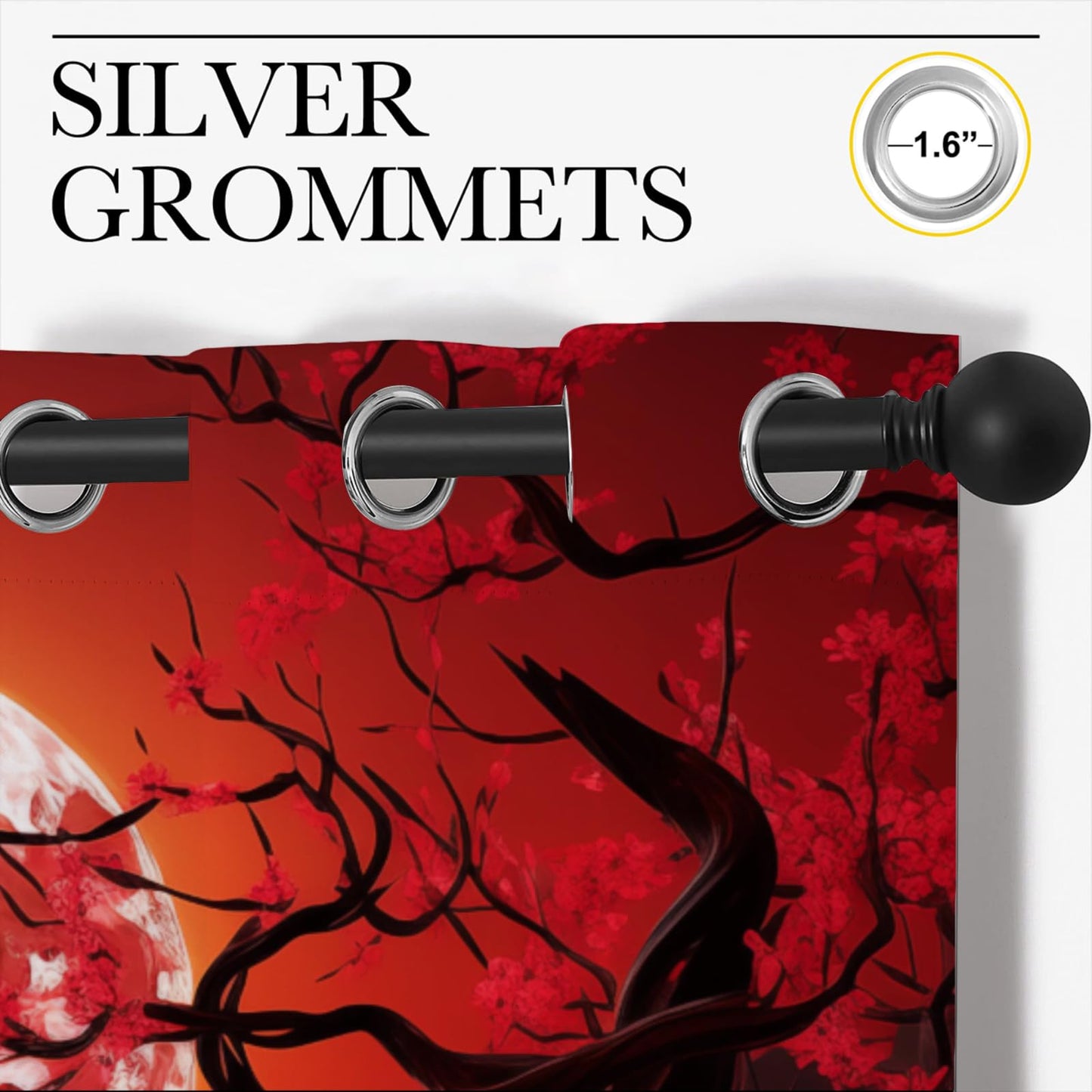 LHROOMJK Japanese Blackout Curtains for Boys Girl Bedroom Home Decor,Asian Anime Red Plum Red Moon Landscape Painting Thermal Insulated Grommet Darkening Living Room Window Drapes, 72 x 63 inch