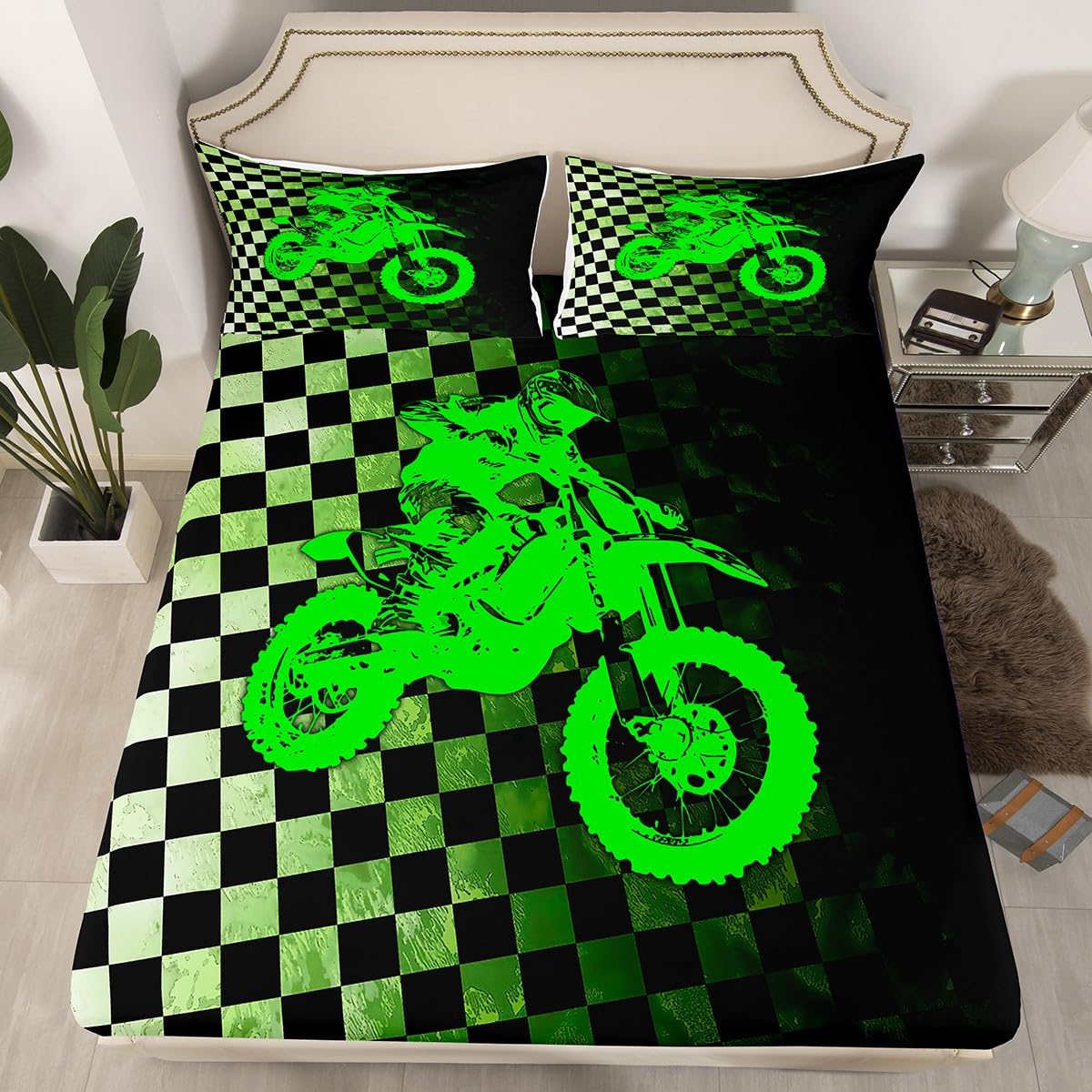 Boys Dirt Bike Bed Sheets,Motocross Rider Queen Sheet Set,Black and White Buffalo Plaid Sheets,Cool Sport Car Flat Sheet Fluorescent Green Motorcycle Fitted Sheet for Kids Teens Bedroom Decor…