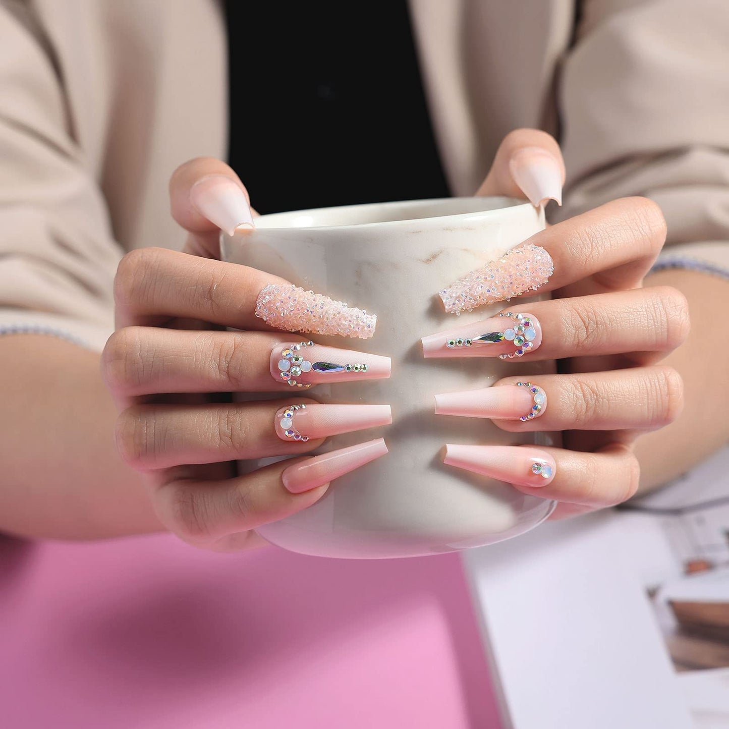 Kikmoya Extra Long Coffin Press on Nails, Crystal Luxury Nails with Silver Opal rhinestones, Pink French Mixed Light Ombre, 24pcs Glossy False Fake Tips, Finger Manicure for Women (K29)