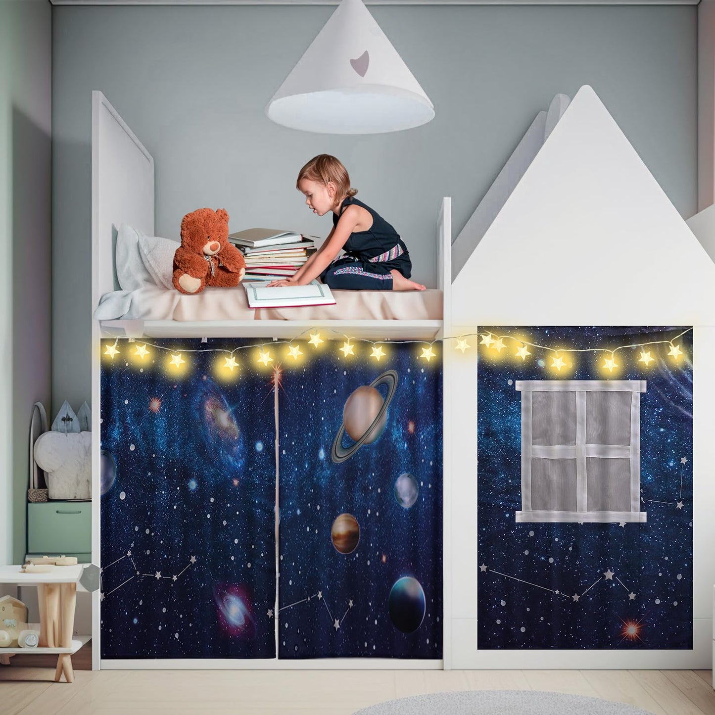 Frienda Galaxy Loft Bed Tent Curtain Set 75 x 36 x 41.5 Inches Space Bunk Bed Tent with String Light Galaxy Blackout Curtains Decoration for Home Bedroom Dorm Privacy Protection Decoration