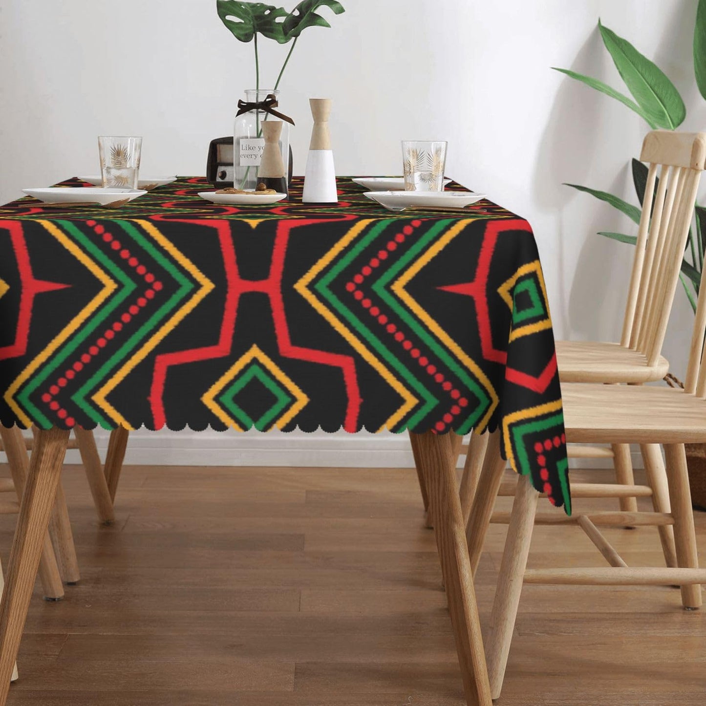 GOUROISE Ethnic African Ikat Print Rectangular Tablecloth, African Ethnic 54x72 Inch Wavy Lace Border Polyester Table Cloth for Dining, Kitchen, Parties