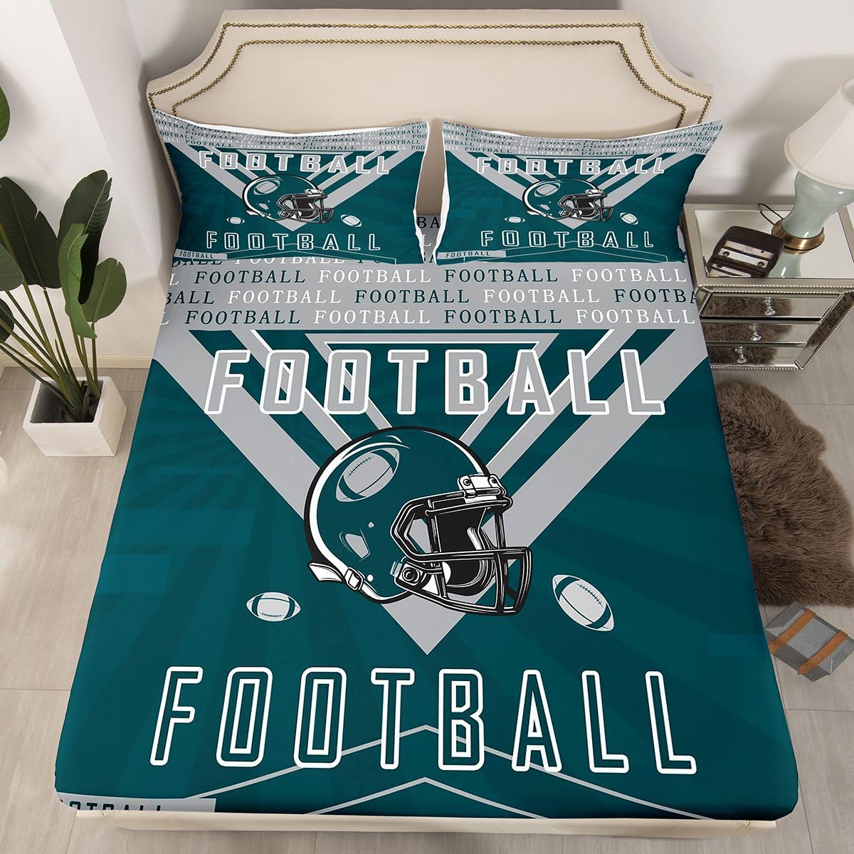 Feelyou Football Bed Sheets Set Boys Girls Twin Size Fitted Sheet Rugby Sports Football City Bedding Set for Boys Kids Teen