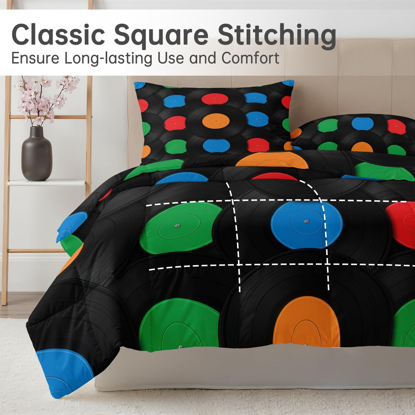Vinyl Record Comforter Twin Size - 2 Pcs Bed Set, All Season Duvet Insert & Pillowcase, Music Bedding Set, Soft Lightweight Down Alternative Comforter, Music Bedroom Decor