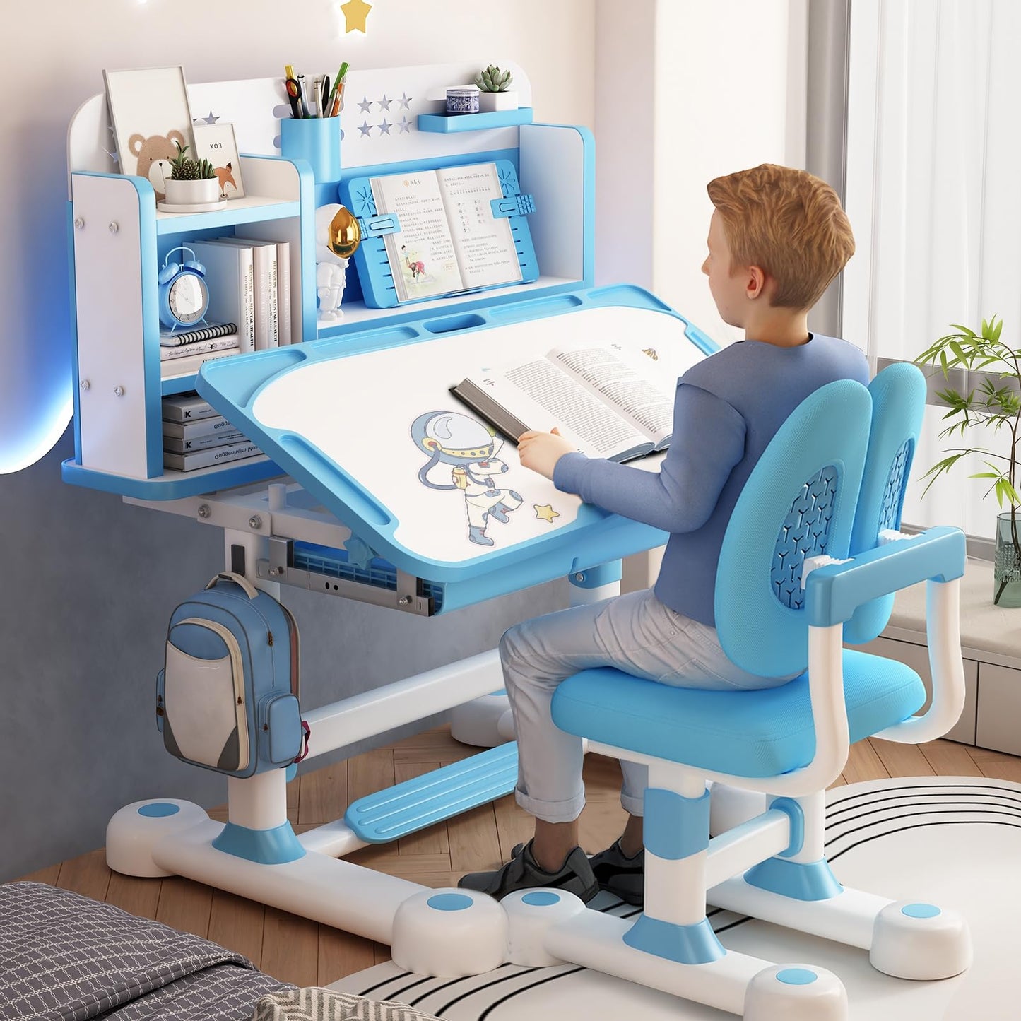 sexaoalx Height Adjustable Study Desk Chair Set for Kids, Children School Study Table Chair Set with Sitting Corrector, Ergonomic Desk Chair with Book Stand, Foot Pedal, Partition Design 2Pcs/Set (P