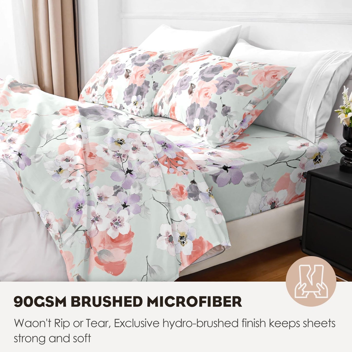 HCORA Floral King Size Sheets Set, Luxury 1800TC Hotel Quality Double Brushed Microfiber Deep Pocket Bed Sheets, Ultra Soft, Breathable and Cooling, 4PC, King
