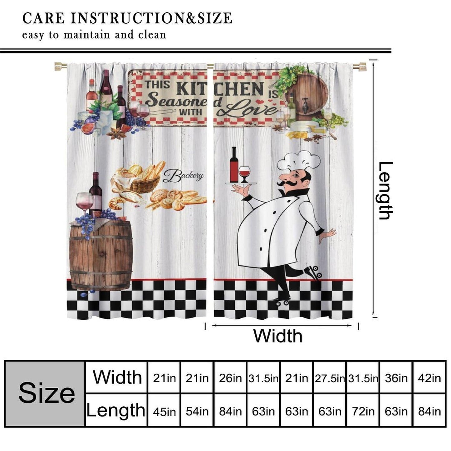 YSWOW Chef Kitchen Curtains, Funny Chef Cook Theme Rustic Farm Black Checkered Art Printed Window Drapes for Bedroom Living Room Decor Fabric Set 2 Panel 27.5x39 Inch 80% Shading Rate