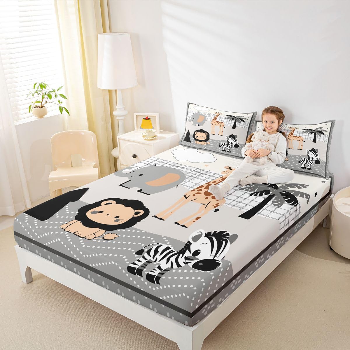 Erosebridal Jungle Animals Sheet Set Full Elephant Giraffe Lion Zebra Bed Sheets for Kids Boys Girls Hunter Brown Rust Wildlife Flat Fitted Sheet Cute Cartoon Animals Sheets 3 Pcs