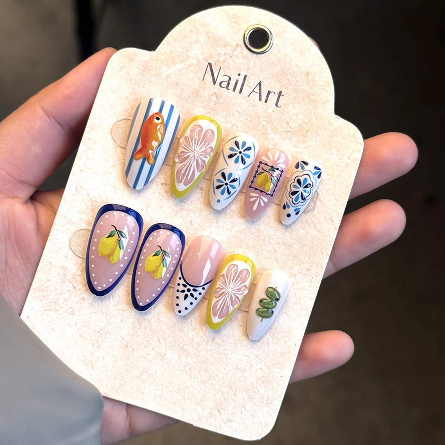 24Pcs Cute Lemon Press on Nails Medium Fake Nails French Almond Manicure, Artificial Acrylic Nails French Tips Stick on Nails Light Nude Fake Fingernail Summer False Nails for Women Nail Decoration