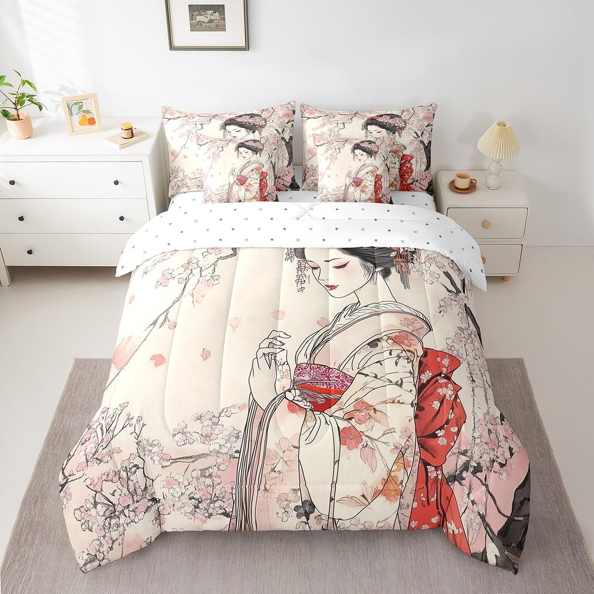 Feelyou Kids Japanese Geisha Comforter Set Twin Size 7 Pieces Cherry Blossoms Bedding Set Japanese Style Japanese Tradition Aesthetic Bed in a Bag with Comforter, Sheets, Pillowcases & Cushion Cover