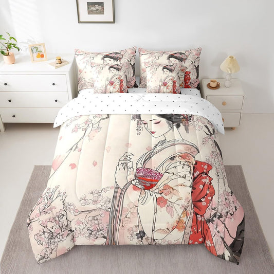 Feelyou Kids Japanese Geisha Comforter Set Twin Size 7 Pieces Cherry Blossoms Bedding Set Japanese Style Japanese Tradition Aesthetic Bed in a Bag with Comforter, Sheets, Pillowcases & Cushion Cover