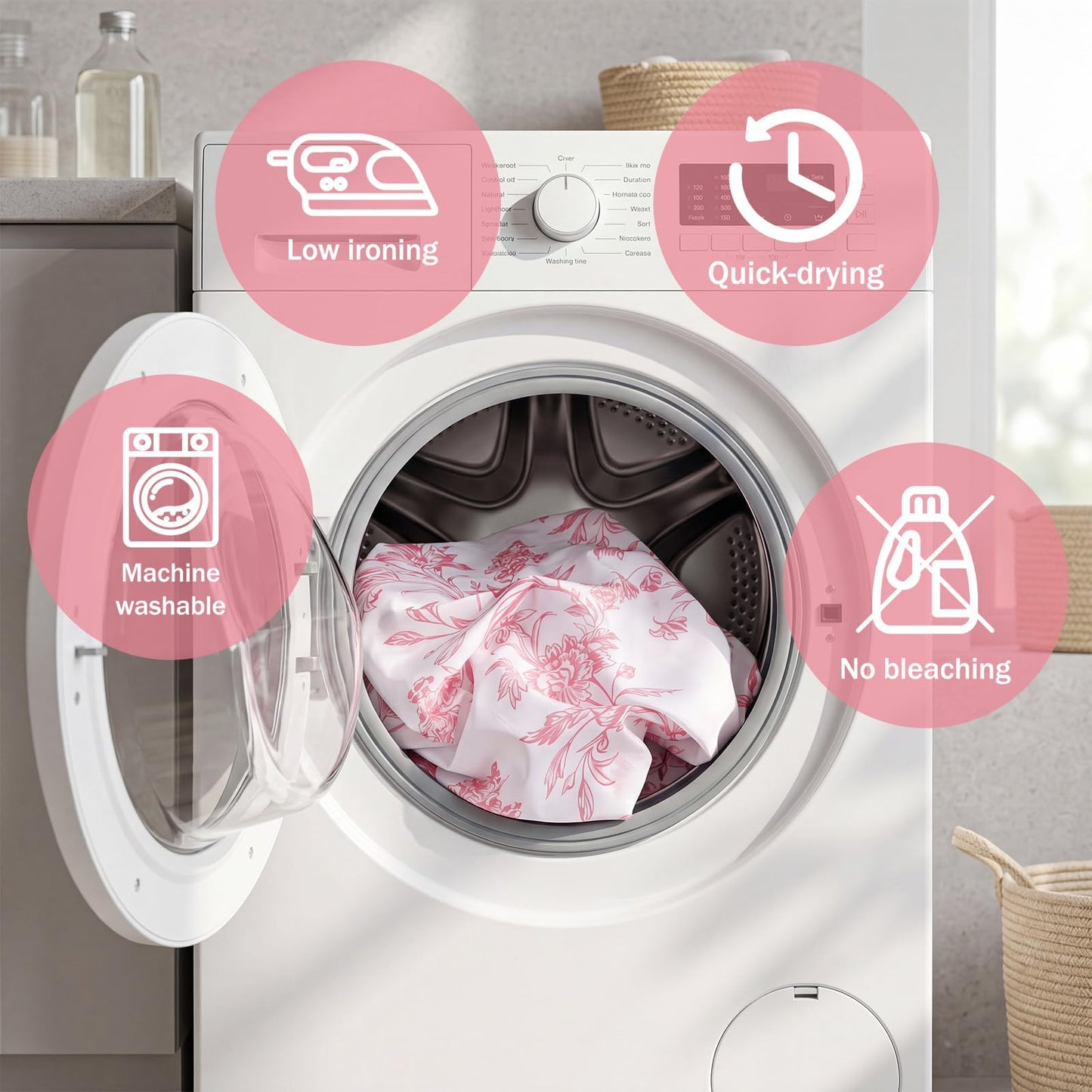 CrystalSylara 12 Pcs Pink Floral Bathroom Shower Curtain Set with 72 Inch Cotton Floral Shower Curtain, Non-slip Rug, Toilet Lid Cover, Bath Mat, 3 Towel, 5 Showers Caddy, Hook for Dormitory Apartment