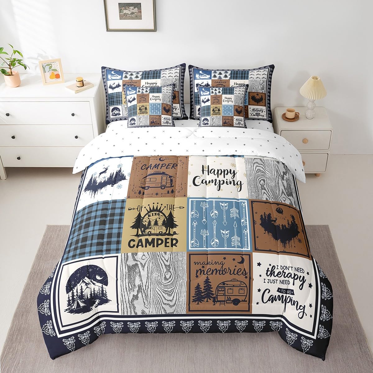 Erosebridal 7 Piece Rv Camper Bedding Set Full,Kids Happy Camping Comforter Set with Sheets,Travel Trailer Bed in a Bag Buffalo Plaid Decor,Rustic Cabin Patchwork Bed Set with Pillowcases
