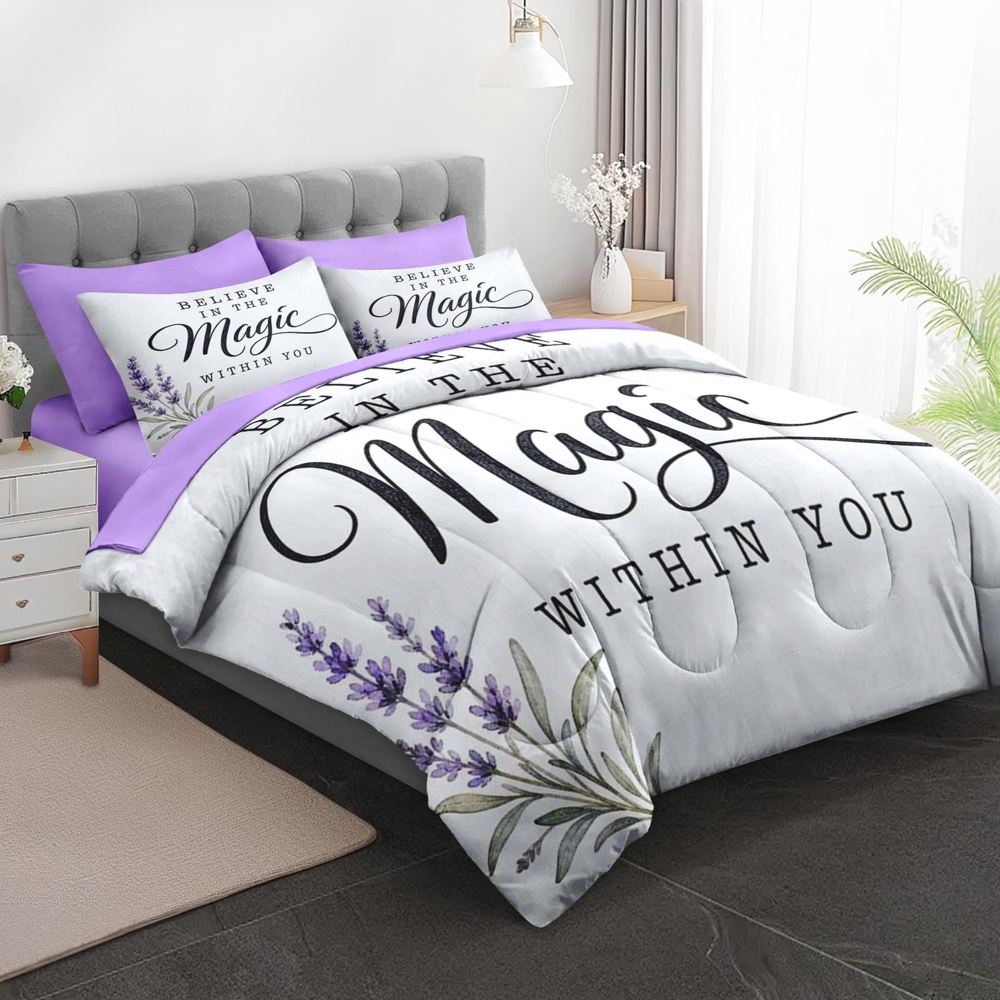 Boewywh Comforter Set Twin Size Motivational Lavender Farmhouse 5 Pcs, Bedding for Kids and Adults, Bed Sheet Sets with Fitted Sheet Pillowcase & Sham for Bedroom Bed Decor