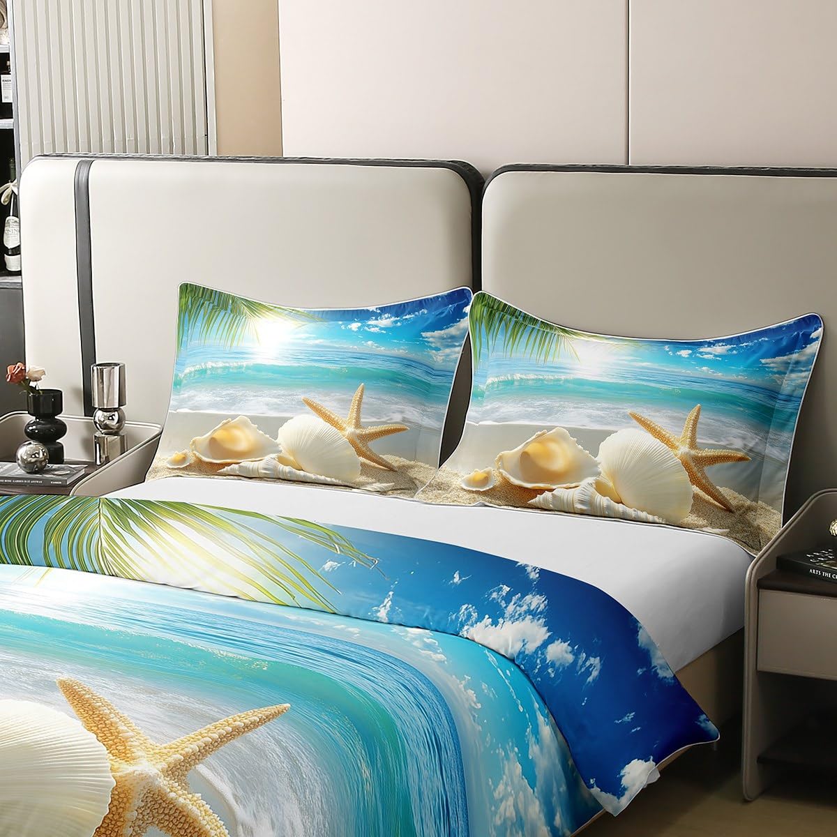 100% Cotton Beach Themed Bedding Sets Twin Blue Ocean Comforter Cover Seashell Starfish Printed Bed Sets Beach Coastal Duvet Cover 1 Duvet Cover 1 Pillowcases for Kids Teens Adults (No Comforter)