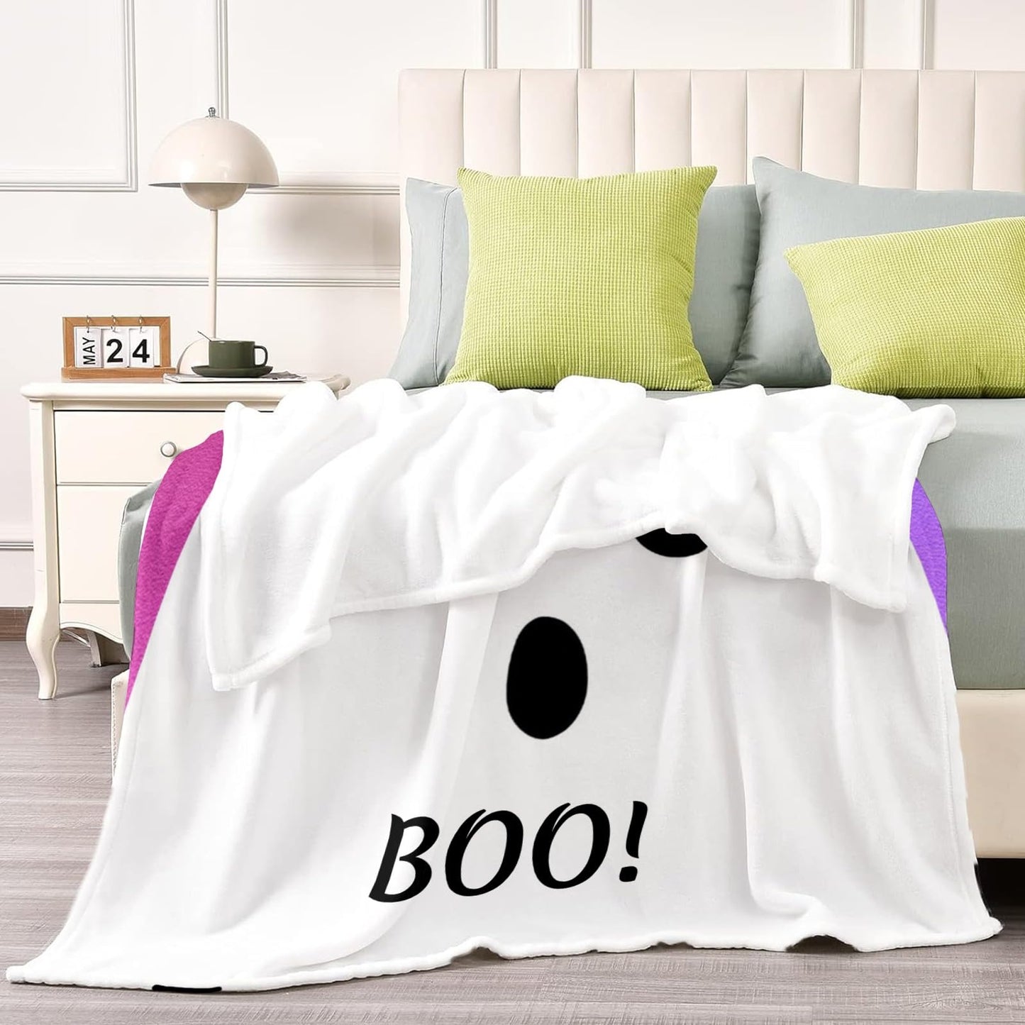 CUSFOU Halloween Throw Blanket, Ghost Rainbow, Customizable Blanket with Name, Personalized Flannel Blanket for Couch Sofa, 50 x 60 Inches