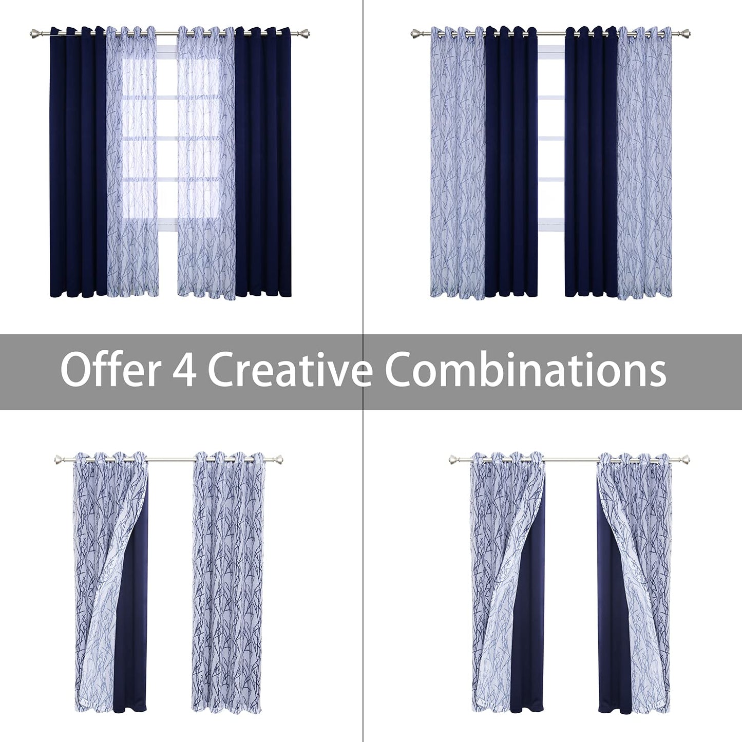BONZER Mix and Match Curtains - 2 Pieces Branch Print Sheer Curtains and 2 Pieces Blackout Curtains for Bedroom Living Room Grommet Window Drapes, 54x108 Inch/Panel, Indigo, Set of 4 Panels