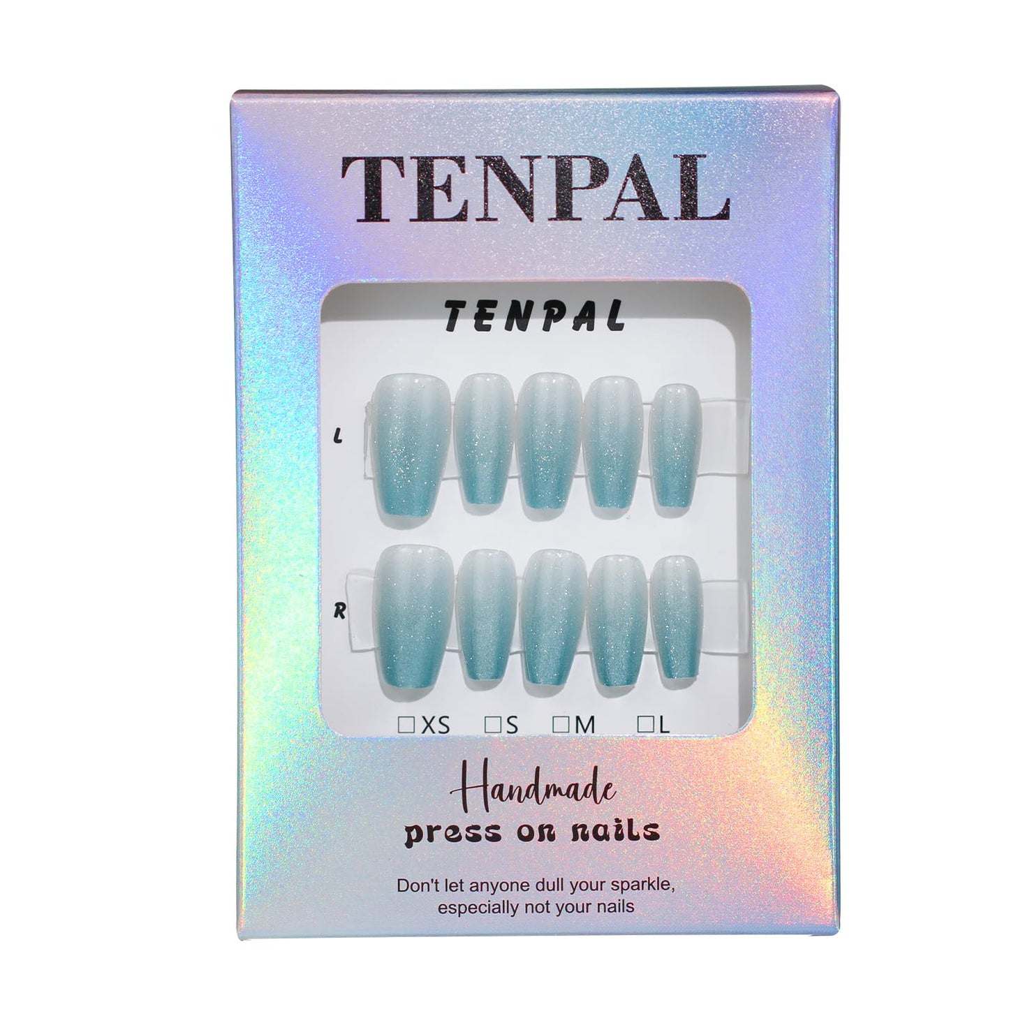 TENPAL 10Pcs Handmade Press On Nails Medium Coffin,Icy Blue Cat Eye Ombre Fake Nails w/Crystal Shimmer,Salon Quality Soft Gel Manicure Set w/Tools,Glossy Acrylic Nails for Daily Wear & Vacation(XS)